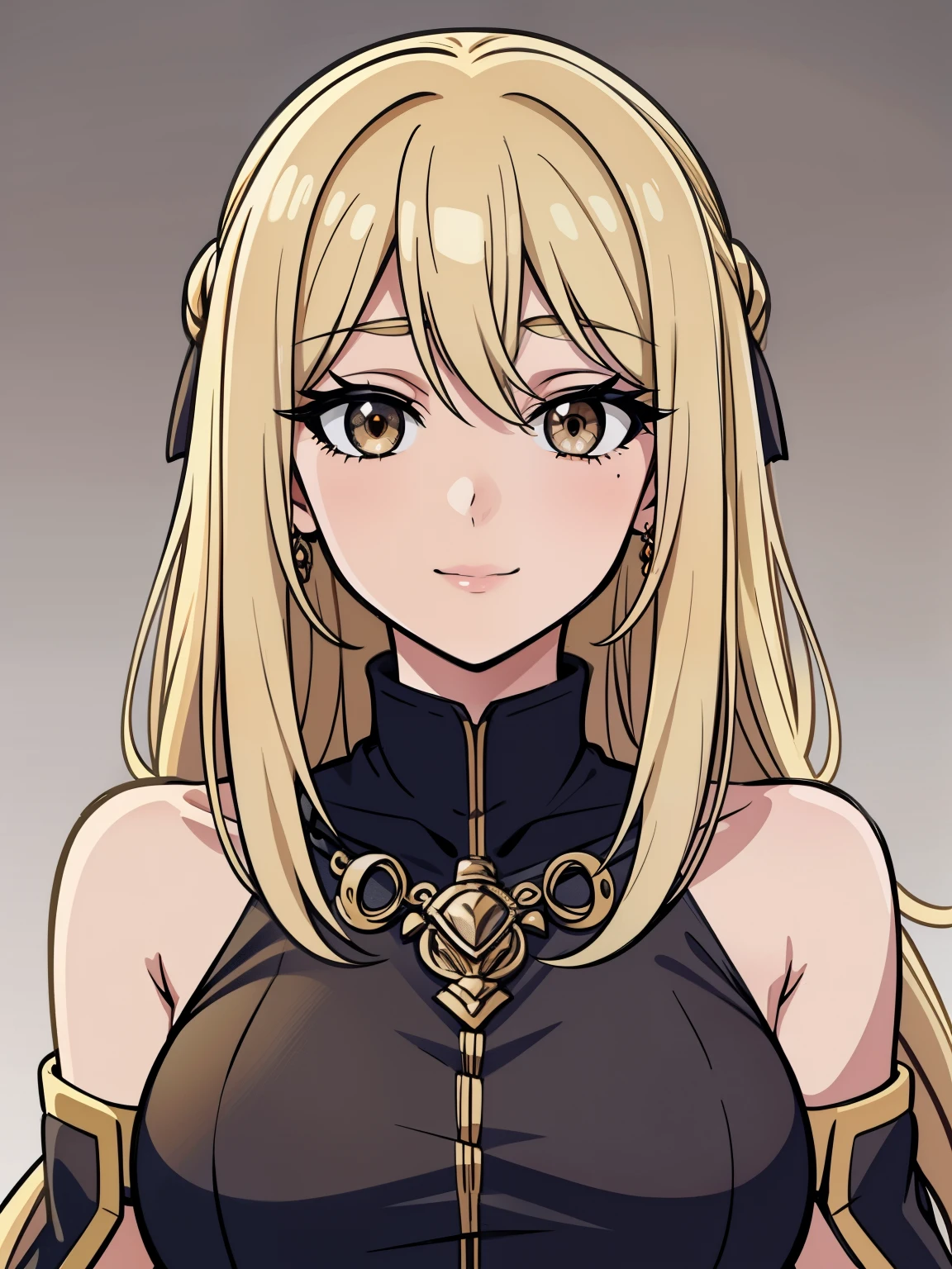 (high-quality, breathtaking),(expressive eyes, perfect face) 1girl, female, solo, blonde hair, long hair length, brown eyes, cute smile, positive expresion, grey background, portrait, symmetrical eyes, adult, busty, tall, cloak, dress, sleeveless, MAIN_QueenMarika_ownwaifu, upper body, queen vibe, mature, elegent, stylized hairstyle,
