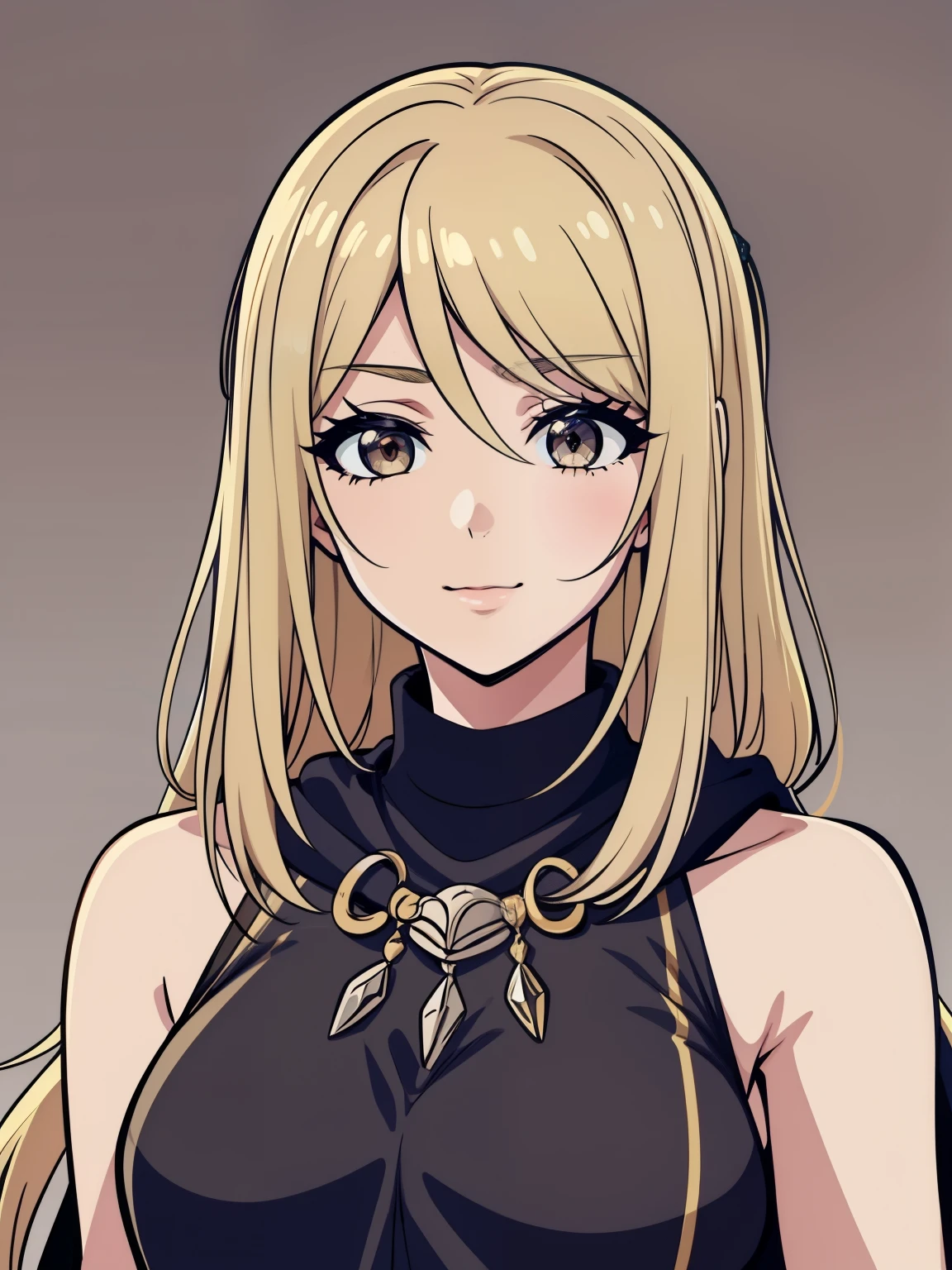 (high-quality, breathtaking),(expressive eyes, perfect face) 1girl, female, solo, blonde hair, long hair length, brown eyes, cute smile, positive expresion, grey background, portrait, symmetrical eyes, adult, busty, tall, cloak, dress, sleeveless, MAIN_QueenMarika_ownwaifu, upper body, queen vibe, mature, elegent, stylized hairstyle,