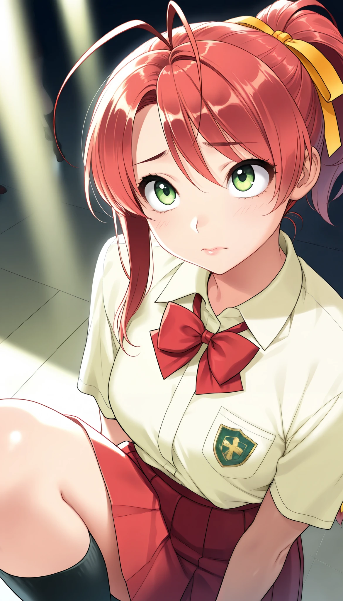 1 beautiful girl, Hayase Mina, \(sexfriend\), (A woman with radiant skin:1.6,green eyes, Trouble, Puzzled, sad), (( red hair , ponytail tied with yellow ribbon, asymmetrical hair, antenna hair, black socks)), beautiful eyes, beautiful lips, very detailed目と顔, long lashes for muscular body, Mid-chest, perfect face, Perfect Hand, perfect leg, perfect fingertips, ((Light Yellow Short Sleeve Collared Shirt :1.4), Red bowtie:1.4, brown cloth ribbon on shirt sleeve:1.1, red pleated skirt), downtown, standing, looking up pose, Glamorous Light , light shining in ,(TOP QUALITY:1.2, very detailed, High Detailed CG Illustration, Soft Focus , masterpiece:1.2, BEST AESTHETICS),