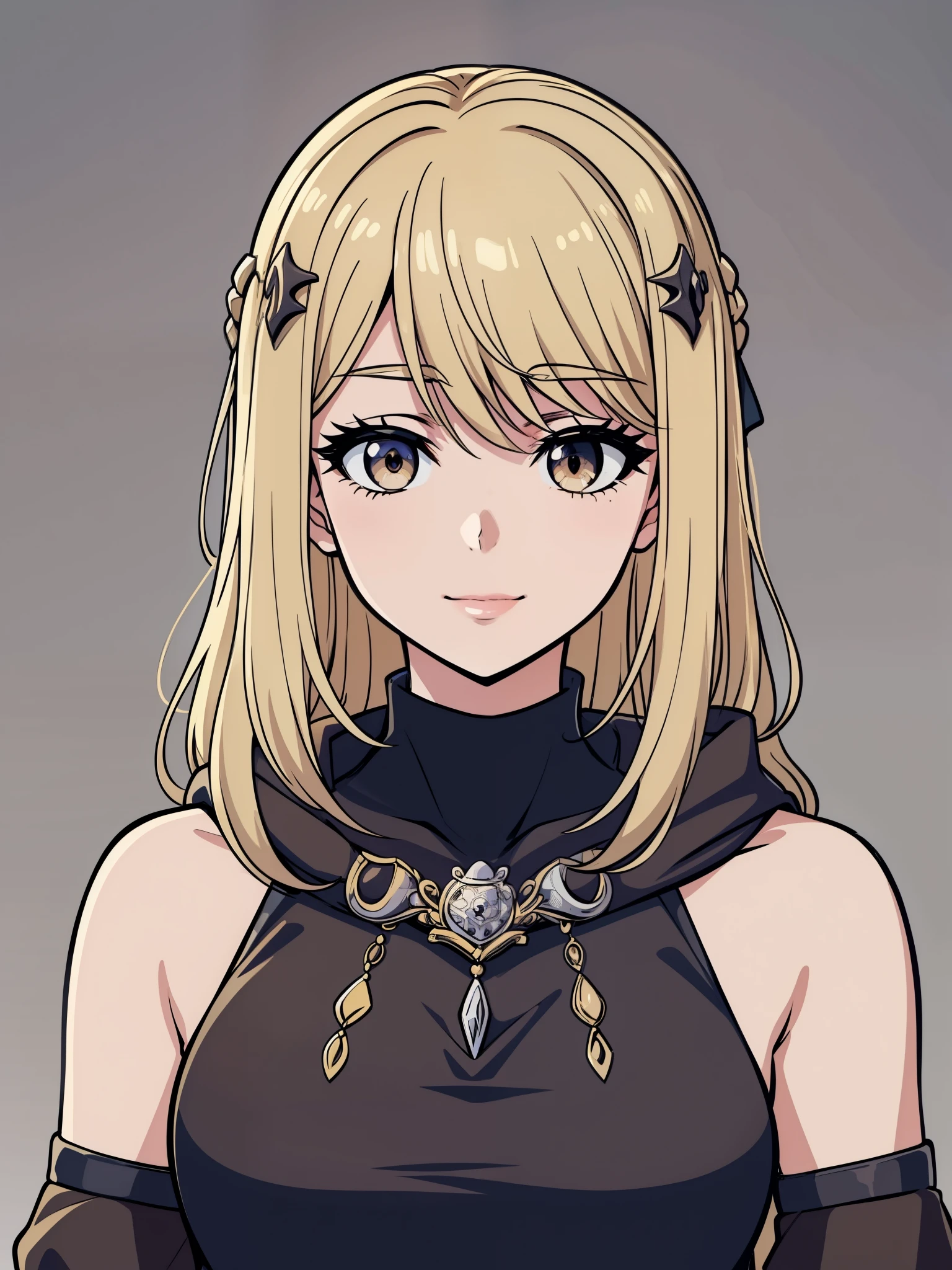 (high-quality, breathtaking),(expressive eyes, perfect face) 1girl, female, solo, blonde hair, long hair length, brown eyes, cute smile, positive expresion, grey background, portrait, symmetrical eyes, adult, busty, tall, cloak, dress, sleeveless, MAIN_QueenMarika_ownwaifu, upper body, queen vibe, mature, elegent, stylized hairstyle, half open eyes, narrow eyes