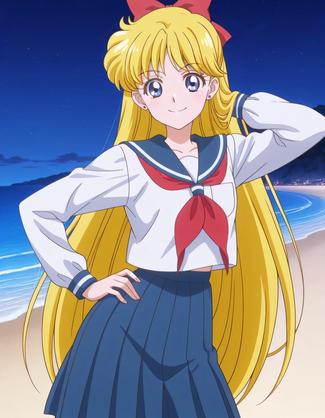 aino minako, long hair, blonde hair, red hair bow, blue eyes, stud earrings, serafuku, long sleeves, white shirt, blue sailor collar, red neckerchief, blue skirt, pleated skirt, anime screencap, high quality, solo, cowboy shot, (contrapposto), hand behind head, hand on hip, closed mouth, night sky, beach, looking at viewer, smile, best quality