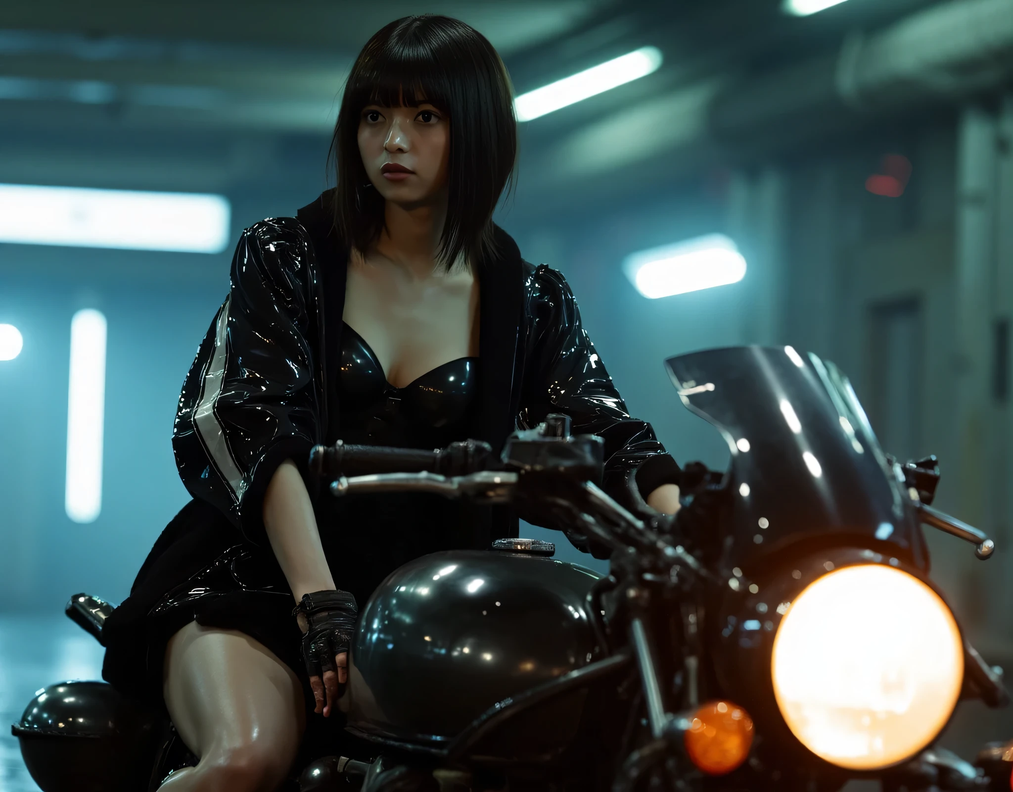 (((The dark Nostromo highway:2.0))),((( HR Gigger Style Cyberpunk Atmosphere :2.0))),((Ride a speeder bike:2.0)),(((Akira Bike風エアースピーダーに跨る:2.0))),((whole body:2.0)), one woman,( cute face),(Beautiful well-balanced face ),(( natural big breasted :2.0)),( black hair:1.5),(beautiful eyes:1.3), glamorous shot of a 20 year old Japanese woman , Slender Beautiful Body ,((Model body type:2.0)),(( slim body with hot water:1.7)), perfect body line ,ideal proportions,(( big breasts:2.0)),((F cup chest wearing:1.5)),Big Breasts,Bare thighs, sensual thighs, delicate body,( Muscular:1.7),A harmonious posture,((Realistic breast depiction :1.7)),carefully depicts limbs based on perfect anatomy,((Wear a samurai kimono-style military coat with an open front over a black super high-leg leotard :1.5)),((fit camy-style latex super high-leg leotard:1.5)),((military coat style black kimono with the front open over a leotard:1.5)),(ear monitor:1.5),((Tactical Holster:1.5)),( gloves:1.3),concept art,(TOP QUALITY:1.5),(masterpiece:1.5),(超高resolution),resolution,UHD,( delicate depiction), carefully drawn with butterfly wings ,32K,((realistic skin texture:1.5)),((( Super realistic :1.5))), eyelashes,very detailed face,Highly detailed female hand,Sexy appearance,Very sensual,(Blurry Dim Backgrounds :1.5), professional photography,( Movie Lighting:2.0),(( Blade Runner Style Lights :2.0))