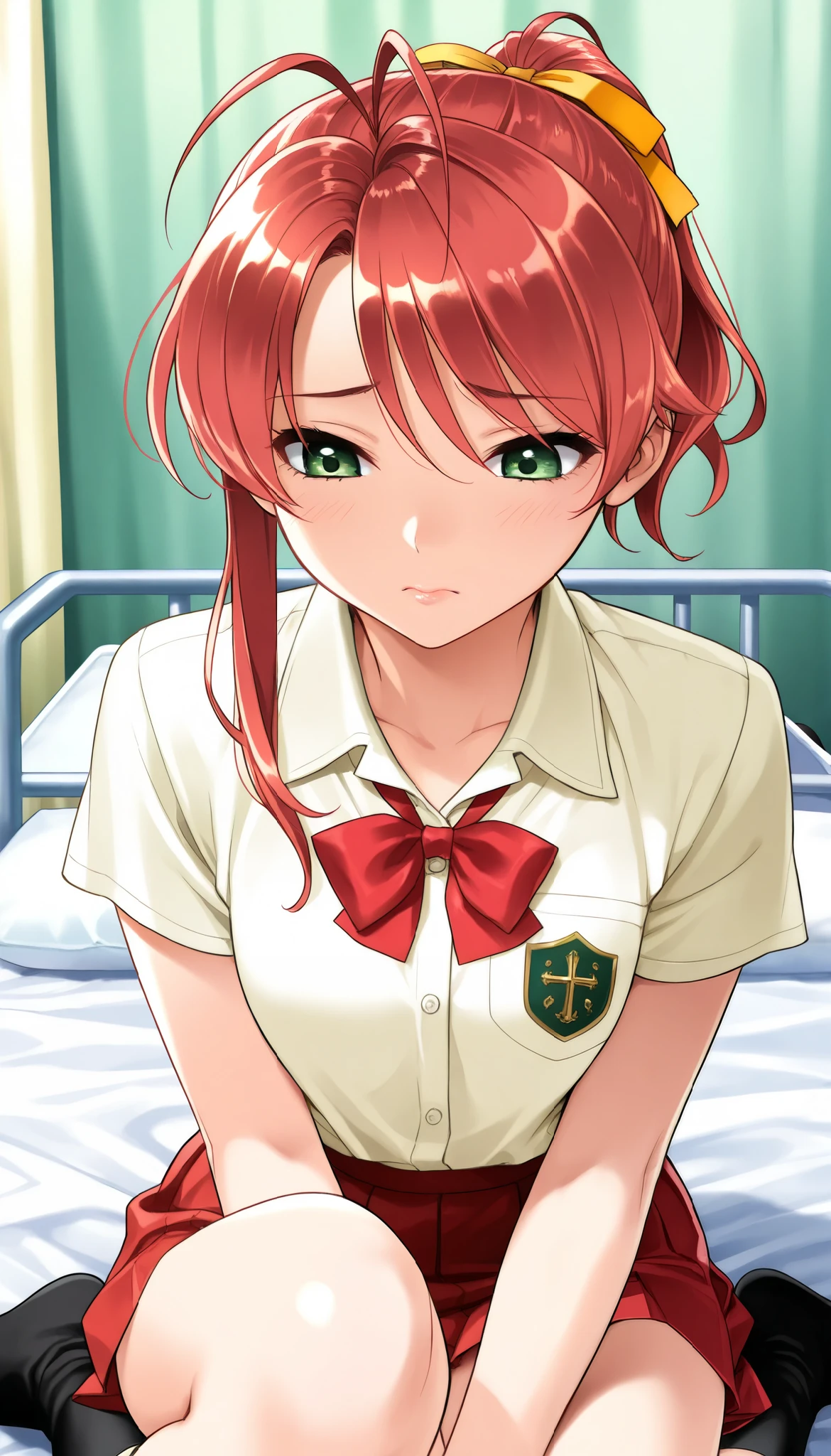 1 beautiful girl, Hayase Mina, \(sexfriend\), (A woman with radiant skin:1.6,green eyes, Trouble, Puzzled, sad), (( red hair , ponytail tied with yellow ribbon, asymmetrical hair, antenna hair, black socks)), beautiful eyes, beautiful lips, very detailed目と顔, long lashes for muscular body, Mid-chest, perfect face, Perfect Hand, perfect leg, perfect fingertips, ((Light Yellow Short Sleeve Collared Shirt :1.4), Red bowtie:1.4, brown cloth ribbon on shirt sleeve:1.1, red pleated skirt), school infirmary, sit on the bed, open, Glamorous Light , light shining in ,(TOP QUALITY:1.2, very detailed, High Detailed CG Illustration, Soft Focus , masterpiece:1.2, BEST AESTHETICS),