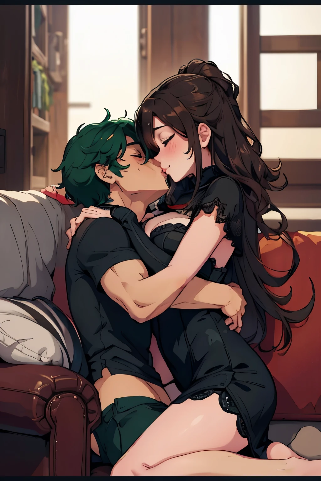 Sexy MILF with long wavy brown hair wearing a black lacy sundress and a brown miniskirt kissing and making out passionately with a young boy on the couch, intimate, green color grading