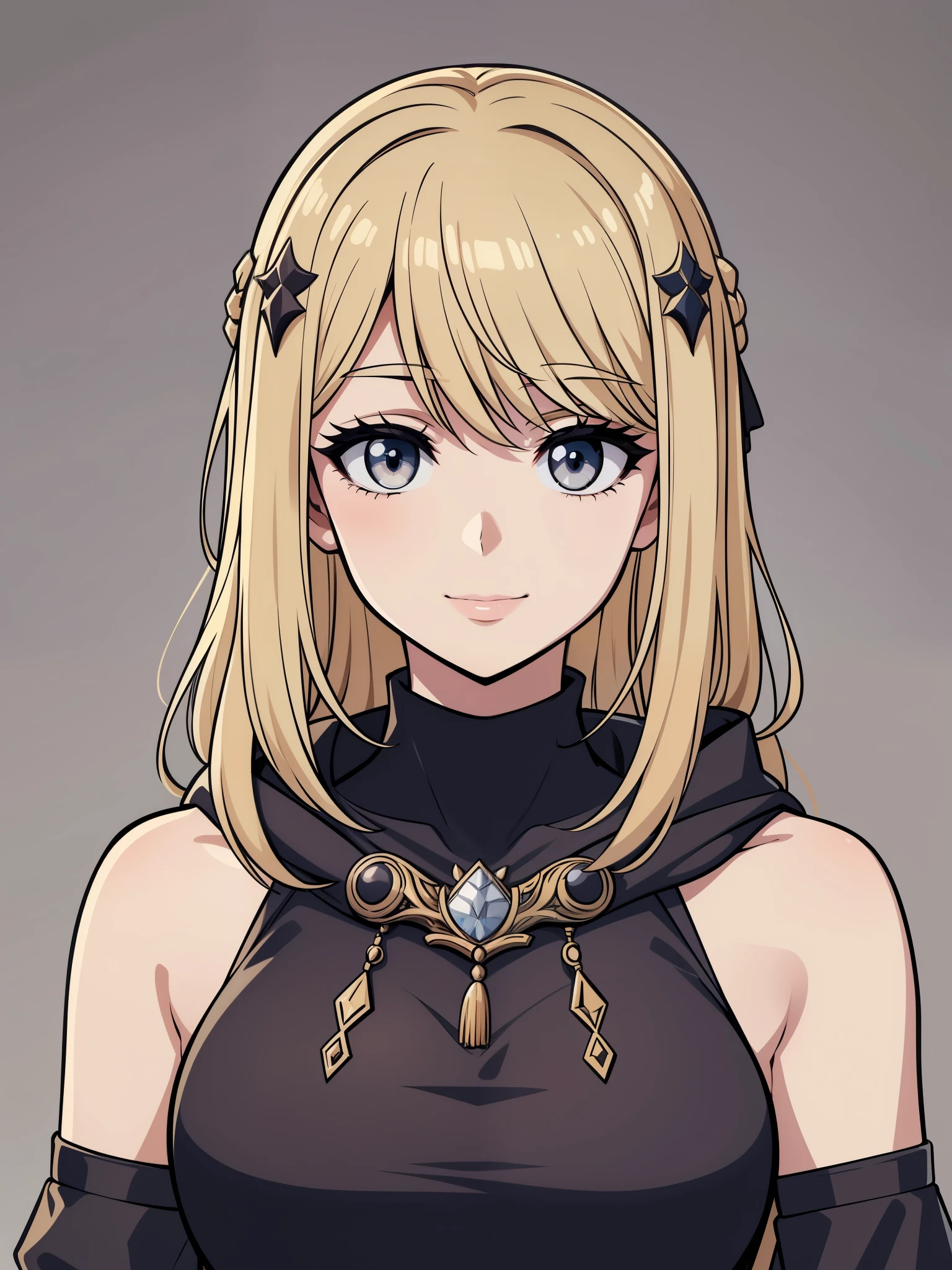 (high-quality, breathtaking),(expressive eyes, perfect face) 1girl, female, solo, blonde hair, long hair length, brown eyes, cute smile, positive expresion, grey background, portrait, symmetrical eyes, adult, busty, tall, cloak, dress, sleeveless, MAIN_QueenMarika_ownwaifu, upper body, queen vibe, mature, elegent, stylized hairstyle, half open eyes, narrow eyes
