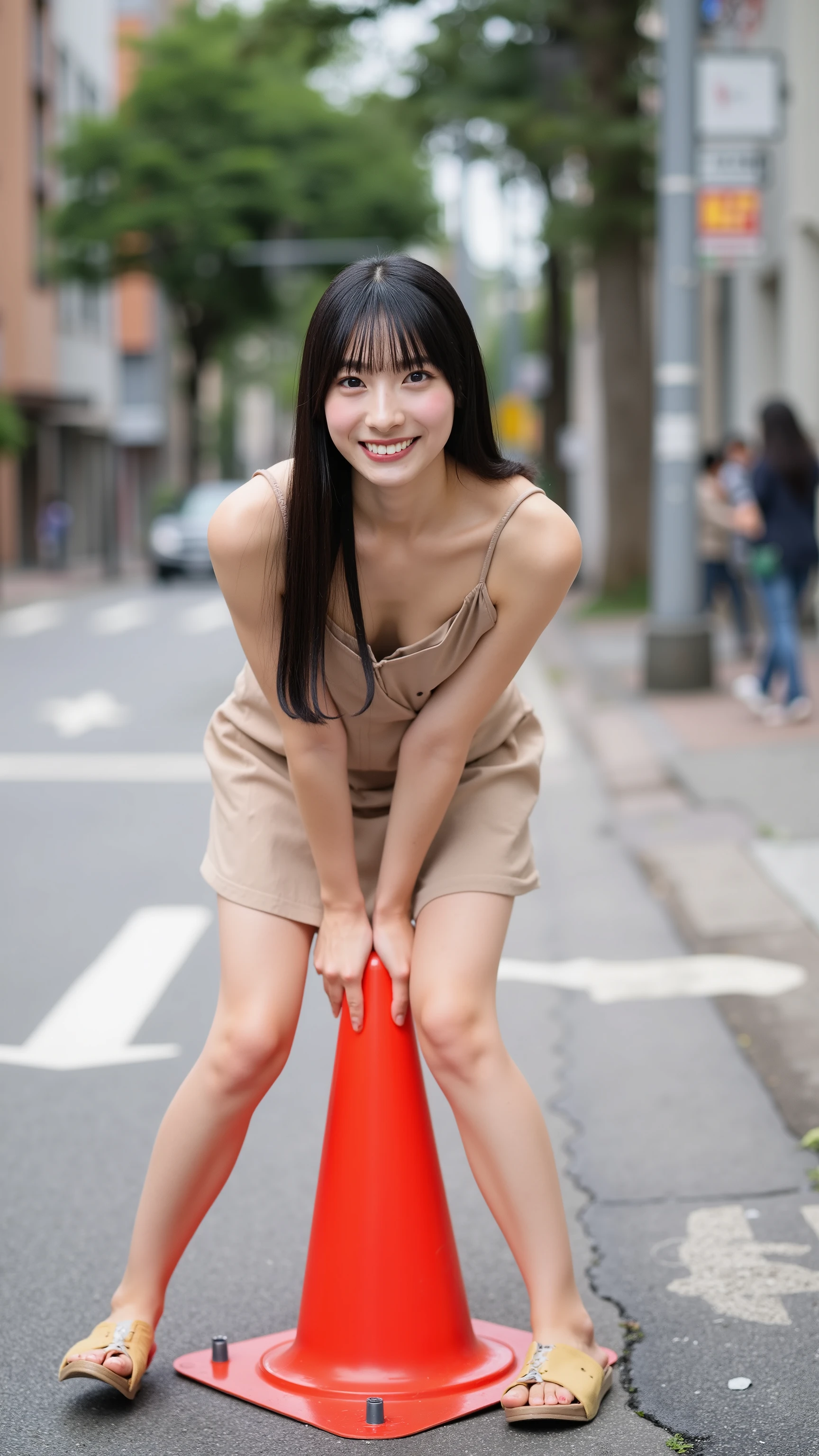 A high resolution photograph of a Japanese young woman, masterpiece, amazing quality, intricate details, professional lighting, fashion shoot, solo, 1girl, joyful expression, close-up, upper body, (a tall lady, small head, small face, tiny breasts, slender, slim and thin body), straight long black hair with bangs, detailed face, detailed eyes, sophisticated nose, looking at the viewer, (sundress, bare legs, sandals:1.2), (half-squatting with spread legs apart, feet apart, straddling the traffic-cone on the sidewalk and pressing the traffic-cone against the crotch, hands behind head:1.5), detailed hand, detailed fingers, perfect hand, outdoors, downtown, sidewalk,