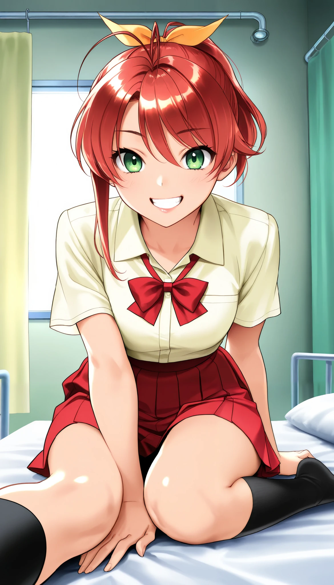 1 beautiful girl, Hayase Mina, \(sexfriend\), (A woman with radiant skin:1.6,green eyes, grin , open your mouth), (( red hair , ponytail tied with yellow ribbon, asymmetrical hair, antenna hair, black socks)), beautiful eyes, beautiful lips, very detailed目と顔, long lashes for muscular body, Mid-chest, perfect face, Perfect Hand, perfect leg, perfect fingertips, ((Light Yellow Short Sleeve Collared Shirt :1.4), Red bowtie:1.4, brown cloth ribbon on shirt sleeve:1.1, red pleated skirt), school infirmary, sit on the bed, open, Glamorous Light , light shining in ,(TOP QUALITY:1.2, very detailed, High Detailed CG Illustration, Soft Focus , masterpiece:1.2, BEST AESTHETICS),