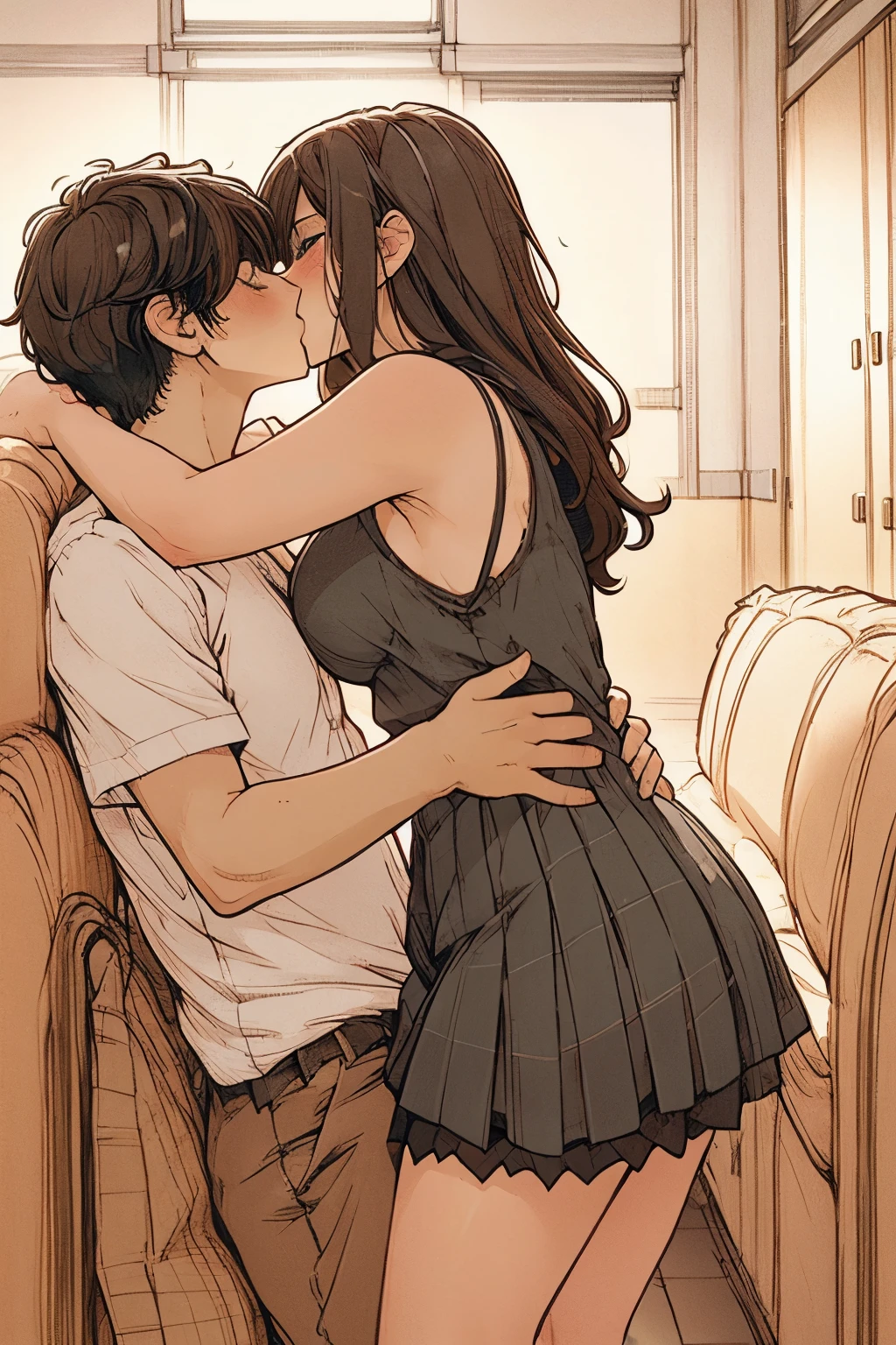 Sexy MILF with long wavy brown hair wearing a black lacy sundress and a brown miniskirt kissing and making out passionately with a young boy on the couch, intimate, green color grading