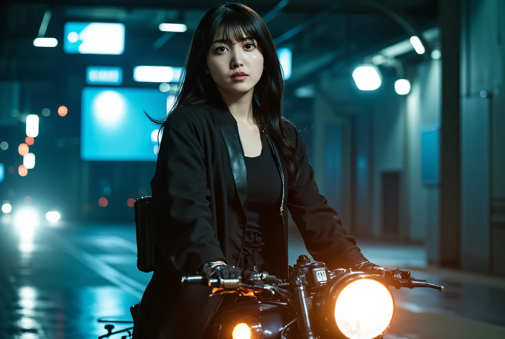 (((The dark Nostromo highway:2.0))),((( HR Gigger Style Cyberpunk Atmosphere :2.0))),((Ride a speeder bike:2.0)),(((Akira Bike風スピーダーバイクに跨る:2.0))),((whole body:2.0)), one woman,( cute face),(Beautiful well-balanced face ),(( natural big breasted :2.0)),( black hair:1.5),(beautiful eyes:1.3), glamorous shot of a 20 year old Japanese woman , Slender Beautiful Body ,((Model body type:2.0)),(( slim body with hot water:1.7)), perfect body line ,ideal proportions,(( big breasts:2.0)),((F cup chest wearing:1.5)),Big Breasts,Bare thighs, sensual thighs, delicate body,( Muscular:1.7),A harmonious posture,((Realistic breast depiction :1.7)),carefully depicts limbs based on perfect anatomy,((Wear a samurai kimono-style military coat with an open front over a black super high-leg leotard :1.5)),((super high leg leotard made of fitted cammie-like latex:1.5)),((military coat style black kimono with the front open over a leotard:1.5)),(ear monitor:1.5),((Tactical Holster:1.5)),( gloves:1.3),concept art,(TOP QUALITY:1.5),(masterpiece:1.5),(超高resolution),resolution,UHD,( delicate depiction), carefully drawn with butterfly wings ,32K,((realistic skin texture:1.5)),((( Super realistic :1.5))), eyelashes,very detailed face,Highly detailed female hand,Sexy appearance,Very sensual,(Blurry Dim Backgrounds :1.5), professional photography,( Movie Lighting:2.0),(( Blade Runner Style Lights :2.0))