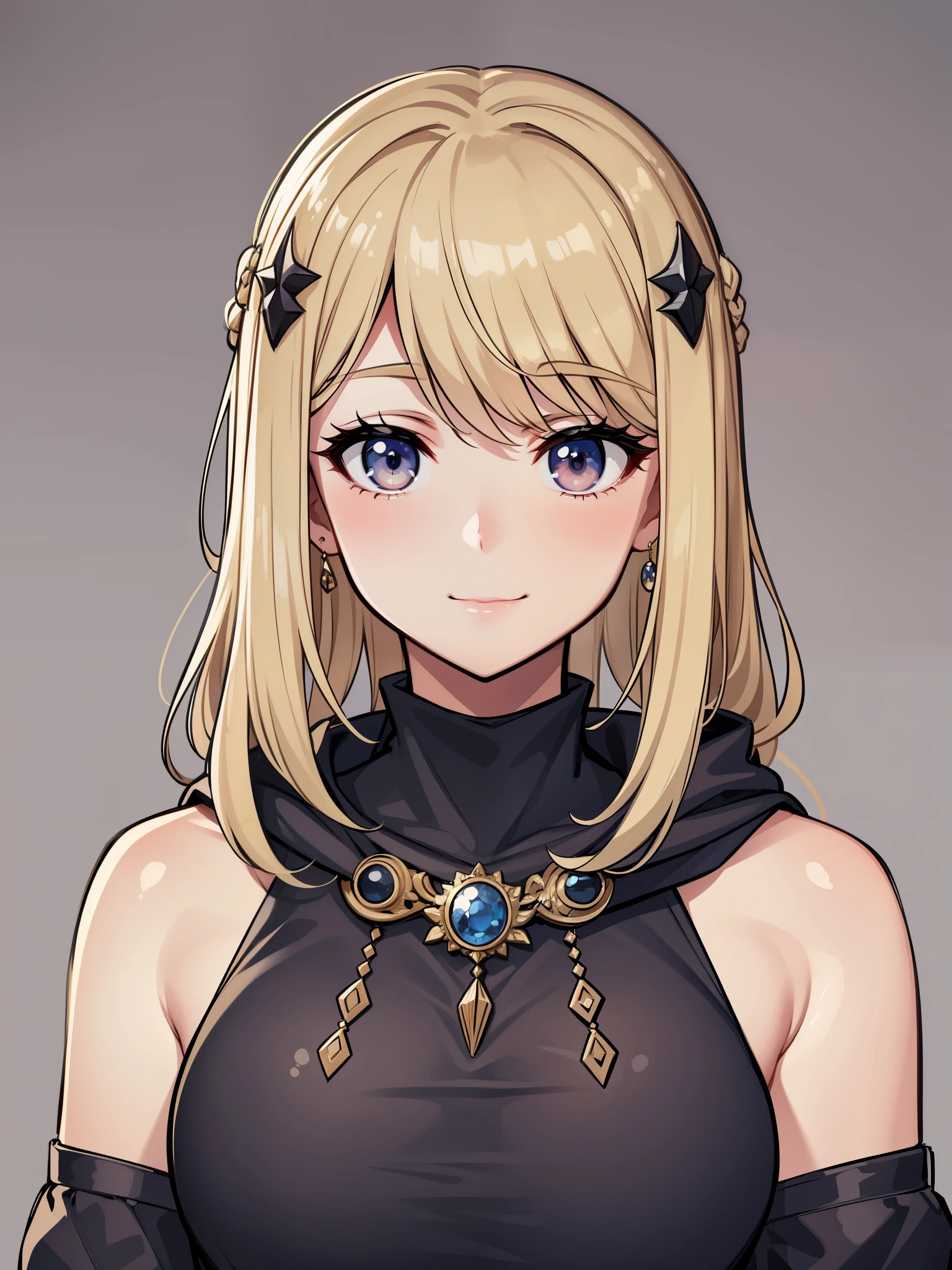 (high-quality, breathtaking),(expressive eyes, perfect face) 1girl, female, solo, blonde hair, long hair length, brown eyes, cute smile, positive expresion, grey background, portrait, symmetrical eyes, adult, busty, tall, cloak, dress, sleeveless, MAIN_QueenMarika_ownwaifu, upper body, queen vibe, mature, elegent, stylized hairstyle, half open eyes, narrow eyes