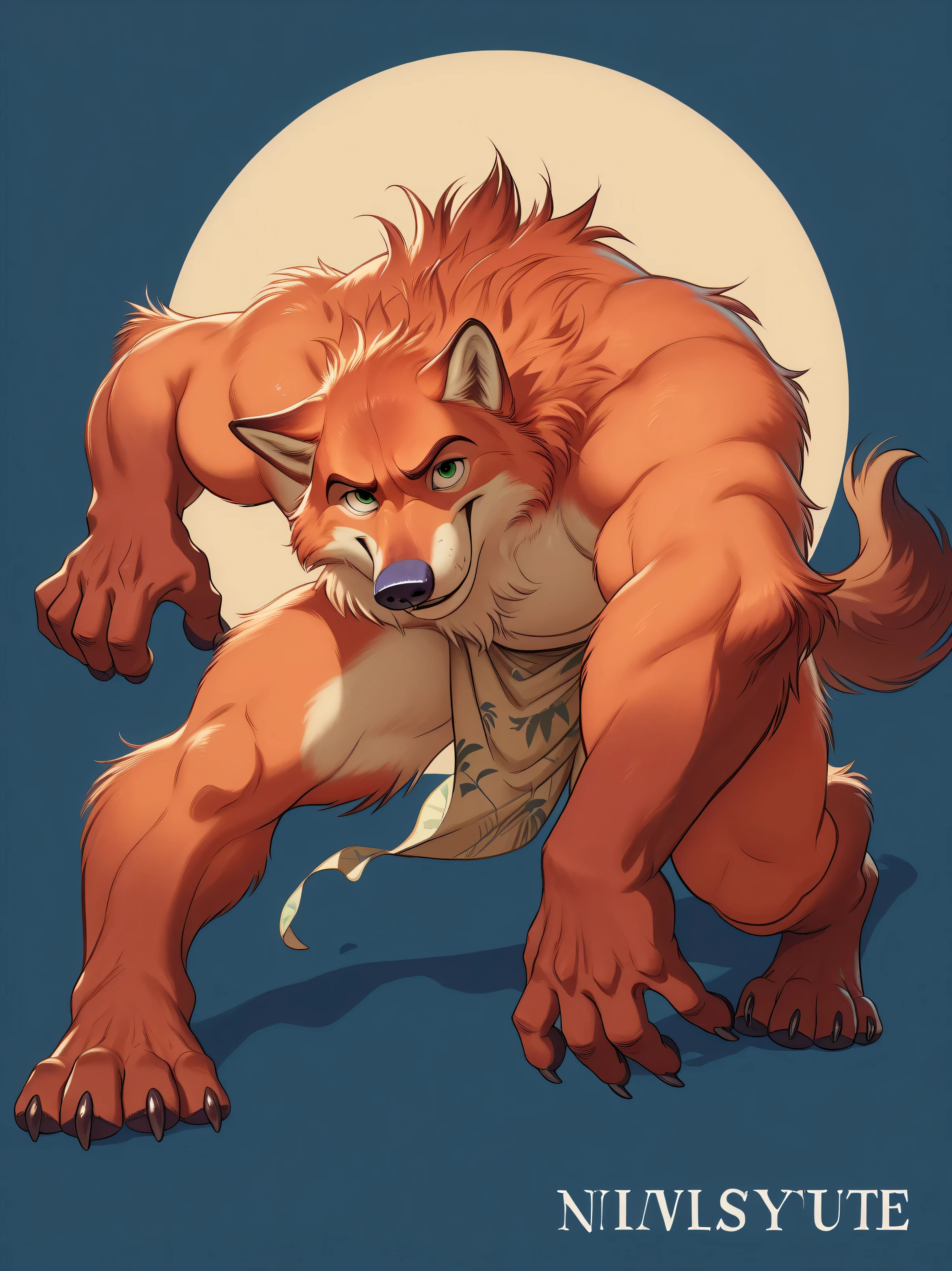 NickWilde, alaskan malamute, solo, detailed, detailed face, detailed eyes, anthro body, male, adult, very muscular:1.1, cartoon shading, cel shaded:1.0, flat colors, shirtless, wfa style, negger style, cartoony anatomy, above waist, looking at viewer, arms crossed, countryside background:1.1