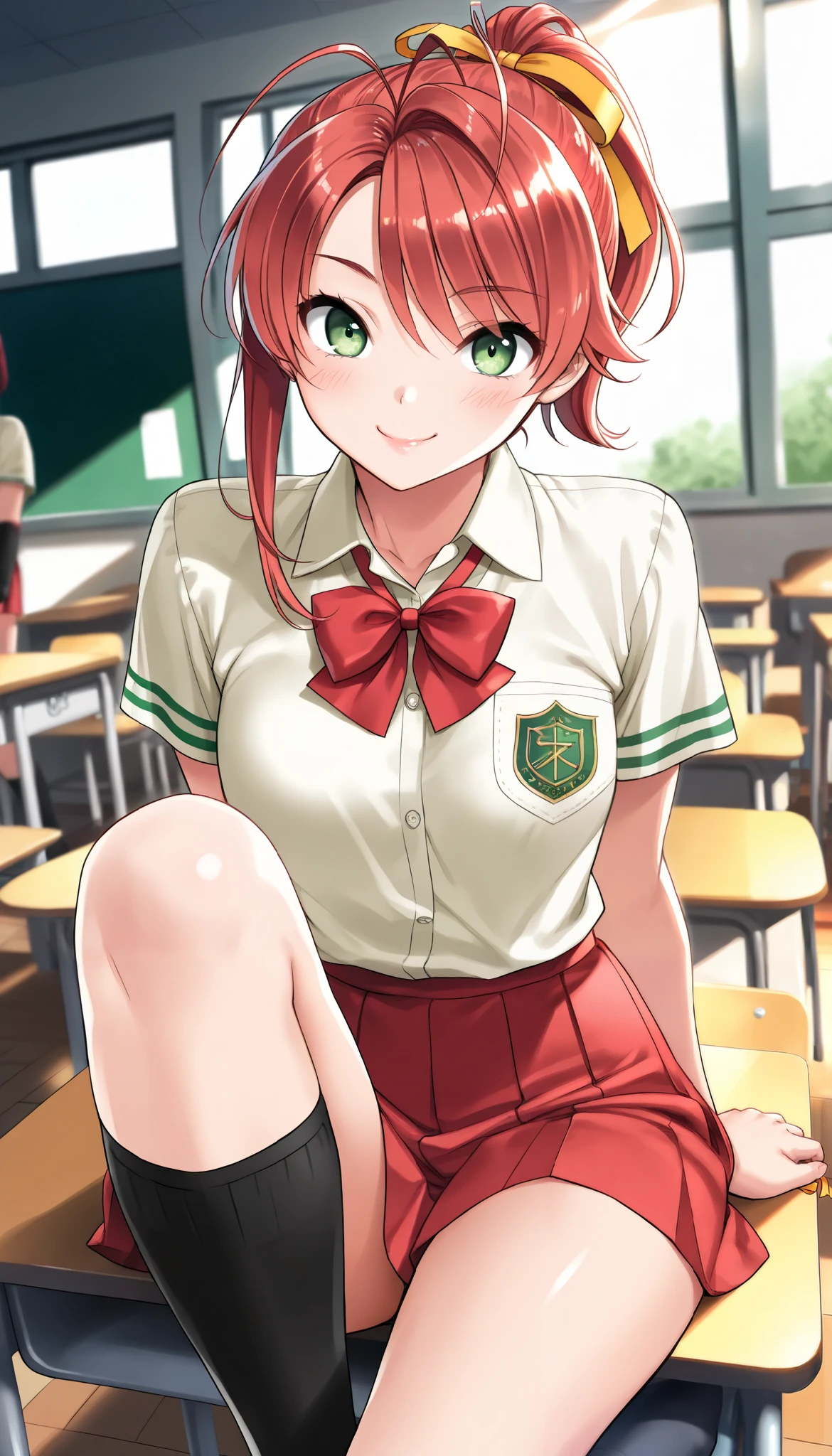 1 beautiful girl, Hayase Mina, \(sexfriend\), (A woman with radiant skin:1.6,green eyes, smile, blush), (( red hair , ponytail tied with yellow ribbon, asymmetrical hair, antenna hair, black socks)), beautiful eyes, beautiful lips, very detailed目と顔, long lashes for muscular body, Mid-chest, perfect face, Perfect Hand, perfect leg, perfect fingertips, ((Light Yellow Short Sleeve Collared Shirt :1.4), Red bowtie:1.4, brown cloth ribbon on shirt sleeve:1.1, red pleated skirt), school classrooms, Sitting at a desk, Glamorous Light , light shining in ,(TOP QUALITY:1.2, very detailed, High Detailed CG Illustration, Soft Focus , masterpiece:1.2, BEST AESTHETICS),