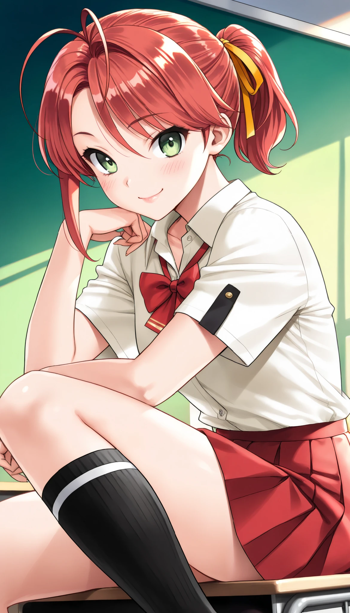 1 beautiful girl, Hayase Mina, \(sexfriend\), (A woman with radiant skin:1.6,green eyes, smile, blush), (( red hair , ponytail tied with yellow ribbon, asymmetrical hair, antenna hair, black socks)), beautiful eyes, beautiful lips, very detailed目と顔, long lashes for muscular body, Mid-chest, perfect face, Perfect Hand, perfect leg, perfect fingertips, ((Light Yellow Short Sleeve Collared Shirt :1.4), Red bowtie:1.4, brown cloth ribbon on shirt sleeve:1.1, red pleated skirt), school classrooms, Sitting at a desk, Glamorous Light , light shining in ,(TOP QUALITY:1.2, very detailed, High Detailed CG Illustration, Soft Focus , masterpiece:1.2, BEST AESTHETICS),