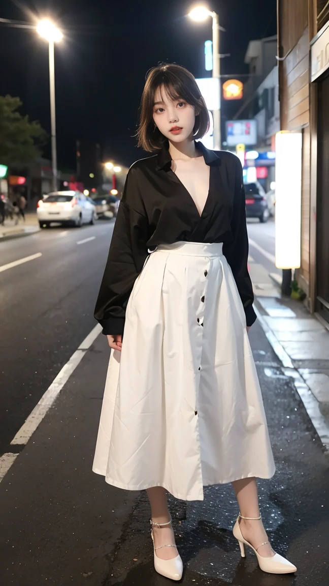 Korean beauty, gentle, sweet, grace, fair skin, big eyes, tall nose , Full lips, Korean bangs, Light makeup, wearing stylish Korean clothes, Exquisite accessories , The background is a street scene of Seoul,full body shot