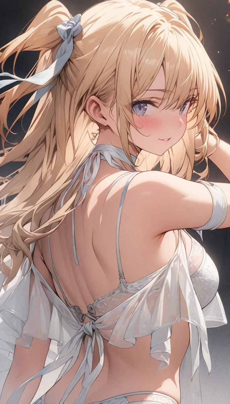 (from below:1.2),22 year old beautiful girl,Purplish blue eyes that dreamers desire,(Blonde hair) ,Longhaire,Twin-tailed,Braids, Hairline,small stature, (masutepiece:1.2, Best Quality),(finely detailed beautiful eye: 1.2),(beautifull detailed face),(perky chest:1.1),(pointed chest:1.2),(cakes magazine cover:1.5),(Best Illumination, extremely delicate and beautiful),sexy pose, in a bar counter,Ultra Contrast,Braid a little around the ears, White long dress, (very detailed),(Raw photo, highest quality),(realistic, Photoreal:1.3), high detail, very detailed complex 3D rendering of face, (very detailed skin:1.2), dynamic angle, fire glow effect, professional lighting, side light, cinematic light, a super high resolution, 8K , best shadow, particles of light, Fine skin texture, detailed face, intricate details, Super detailed, shine, Please reconsider, full body,, beautiful face, shiny skin, thin, nice companion, delicate body, thin legs, naked apron, ((crawl on all fours:0.9)), beautiful back, butt,little turn around, (A picture from a very front:0.7), bend the body, the skirt is floating in the wind:1.4, Dark purple panties, thin Pubic hair ,highest quality, high resolution, Real World, Natural light, perfect Natural Light,Realistic, (cute, perfect clothes, cute: 1.3) ,narrow waist,(with sparkling eyes and a contagious smile), open mouth, looking at viewer,