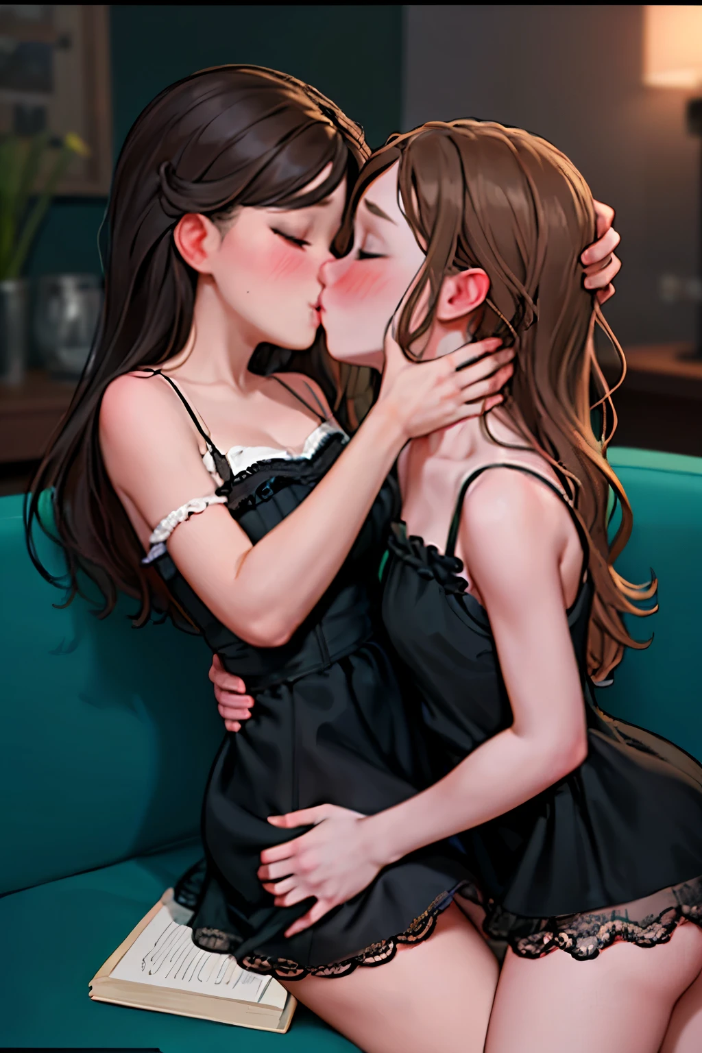 Sexy MILF with long wavy brown hair wearing a black lacy sundress and a brown miniskirt kissing and making out passionately with a young boy on the couch, intimate, green color grading