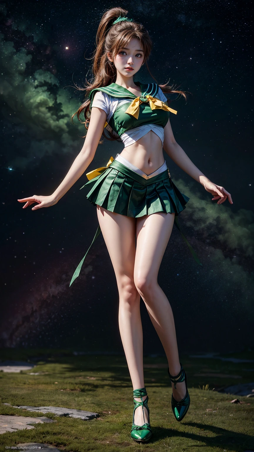 ​masterpiece, top-quality, realisitic, a picture, White shorts、photorealisim, ultra-detailliert, Beautiful camel toe、Leather miniskirt、White panty、Beautiful navel、Beautiful arms、poneyTail、a choker、highleg bikini、Spider-Man Pose Crouch、Open legs,The costume is divided into upper and lower、A sexy、Green Stock、perfect bodies, A detailed eye, beautiful a girl, (Gwen Stacy), spiderwoman, spider costume, pose for photo