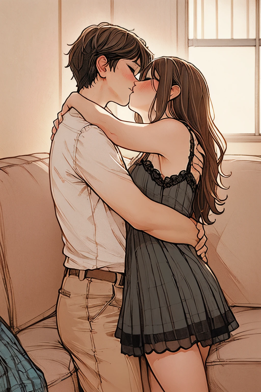 Sexy MILF with long wavy brown hair wearing a black lacy sundress and a brown miniskirt kissing and making out passionately with a young boy on the couch, intimate, green color grading