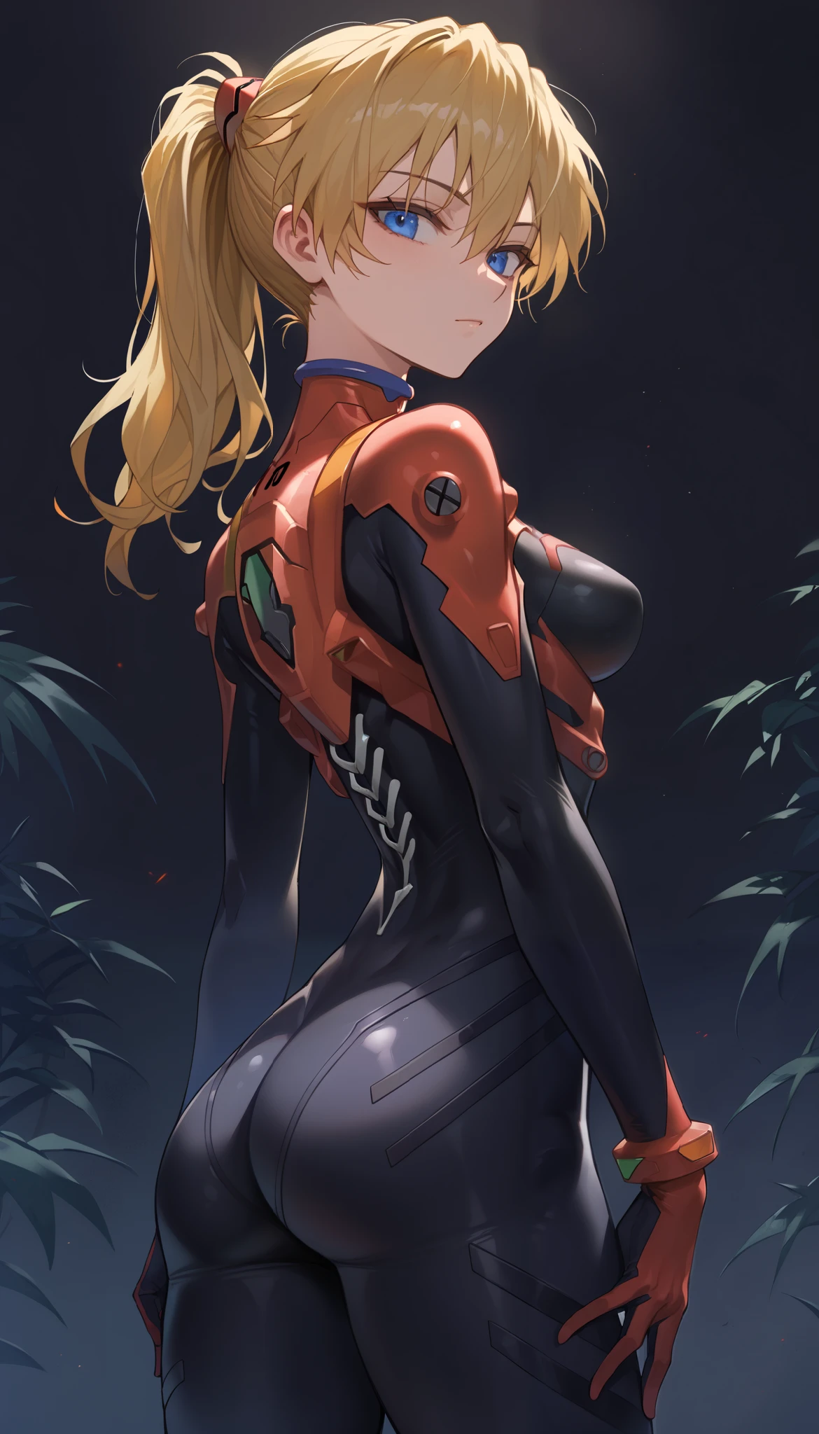 score_9, score_8_up, score_7_up, source_anime, masterpiece, best quality, solo, seductive pose, sexy pose, butt, dark background, lowlight, 1girl, slim, lean and toned body, fair skin, long wavy blonde hair, ponytail, icy-blue eyes, faint scar traces her left eyebrow, Neon Genesis Evangelion, Rebuild of Evangelion, Black Plug suit, skin tight bodysuit, Standing, subtle armor on chest and spine, gray lines trace along the seams, Looking backwards, Face turned to gaze, looking at viewer, outdoors, masterpiece, top quality, very beautiful, absurd