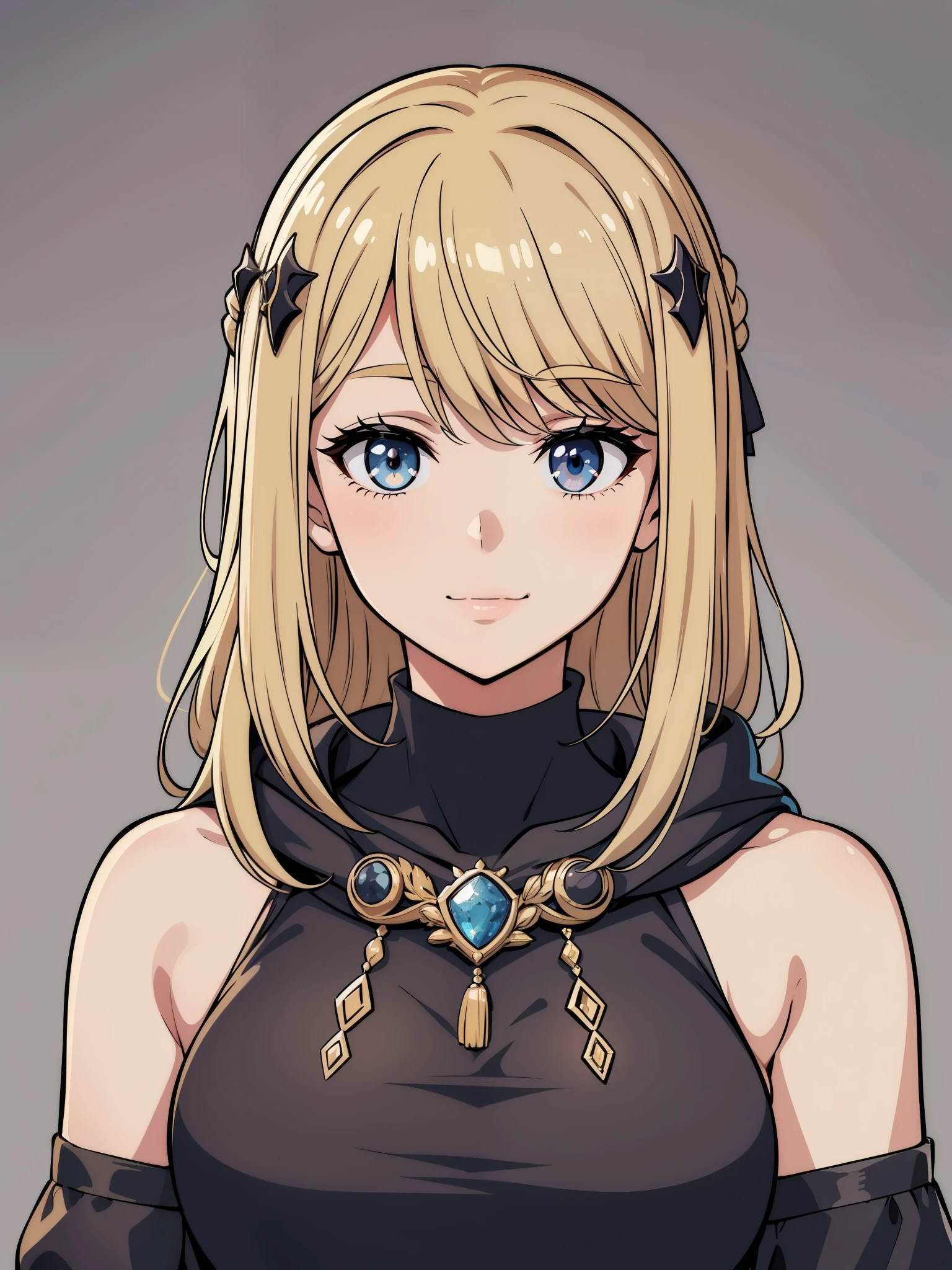 (high-quality, breathtaking),(expressive eyes, perfect face) 1girl, female, solo, blonde hair, long hair length, brown eyes, cute smile, positive expresion, grey background, portrait, symmetrical eyes, adult, busty, tall, cloak, dress, sleeveless, MAIN_QueenMarika_ownwaifu, upper body, queen vibe, mature, elegent, stylized hairstyle, half open eyes, narrow eyes