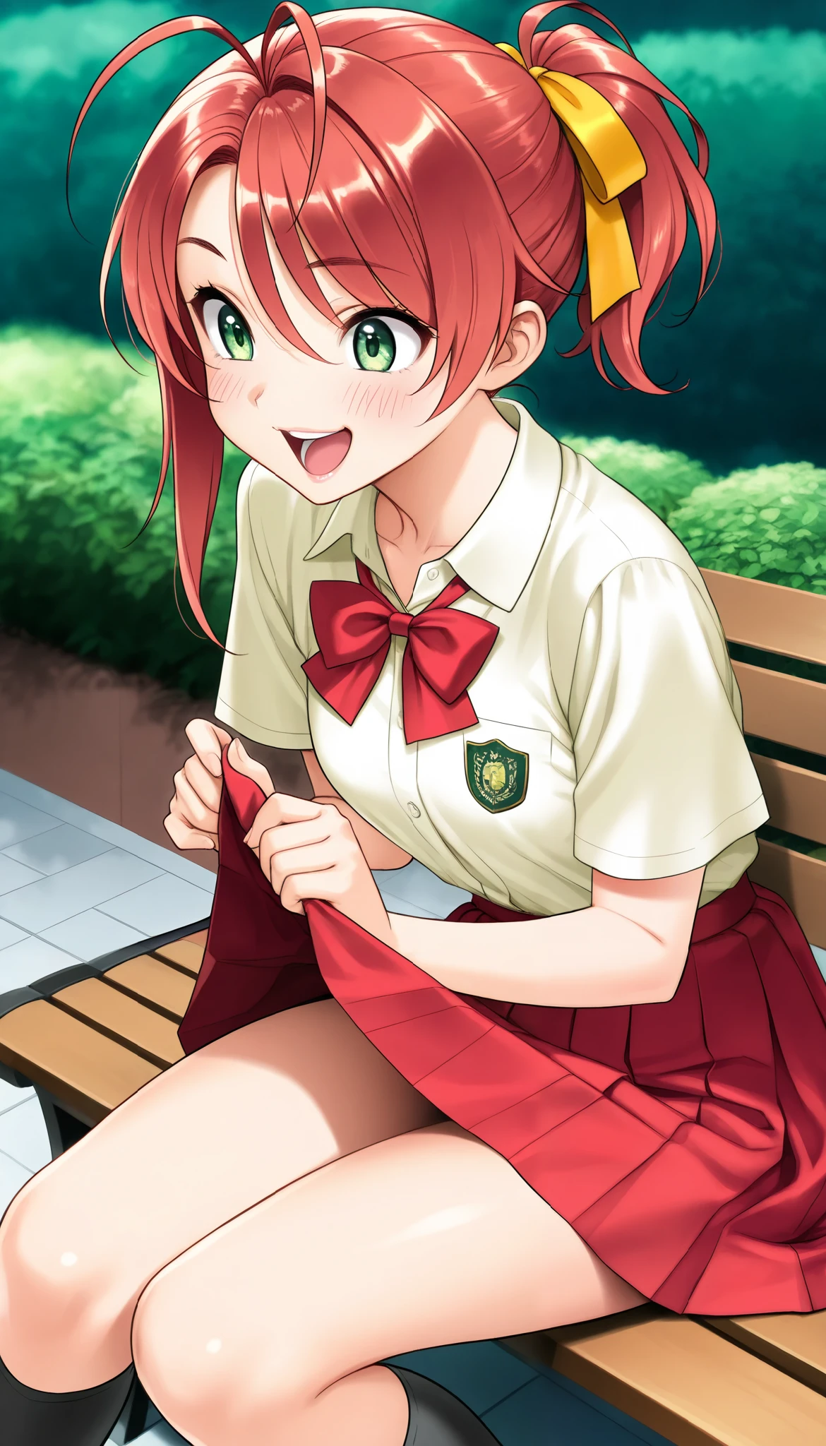 1 beautiful girl, Hayase Mina, \(sexfriend\), (A woman with radiant skin:1.6,green eyes, laugh, blush, In a good mood), (( red hair , ponytail tied with yellow ribbon, asymmetrical hair, antenna hair, black socks)), beautiful eyes, beautiful lips, very detailed目と顔, long lashes for muscular body, Mid-chest, perfect face, perfect hand, perfect leg, perfect fingertips, ((Light Yellow Short Sleeve Collared Shirt :1.4), Red bowtie:1.4, brown cloth ribbon on shirt sleeve:1.1, red pleated skirt), garden, lawn, Sit on a desk bench, skirt lift , Glamorous Light , light shining in ,(TOP QUALITY:1.2, very detailed, High Detailed CG Illustration, Soft Focus , masterpiece:1.2, BEST AESTHETICS),