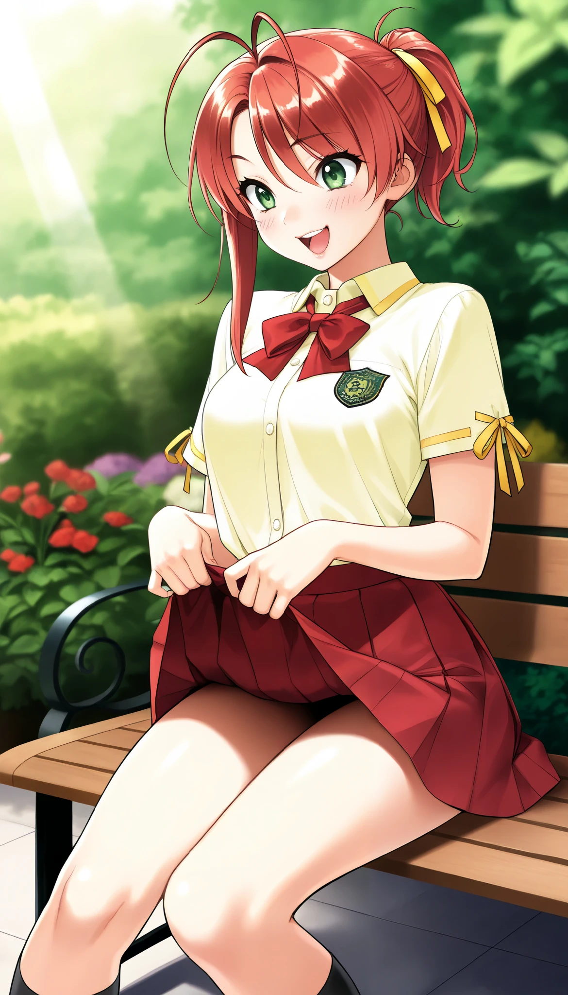 Anime girl sitting on a bench in a park with a red hair - SeaArt AI