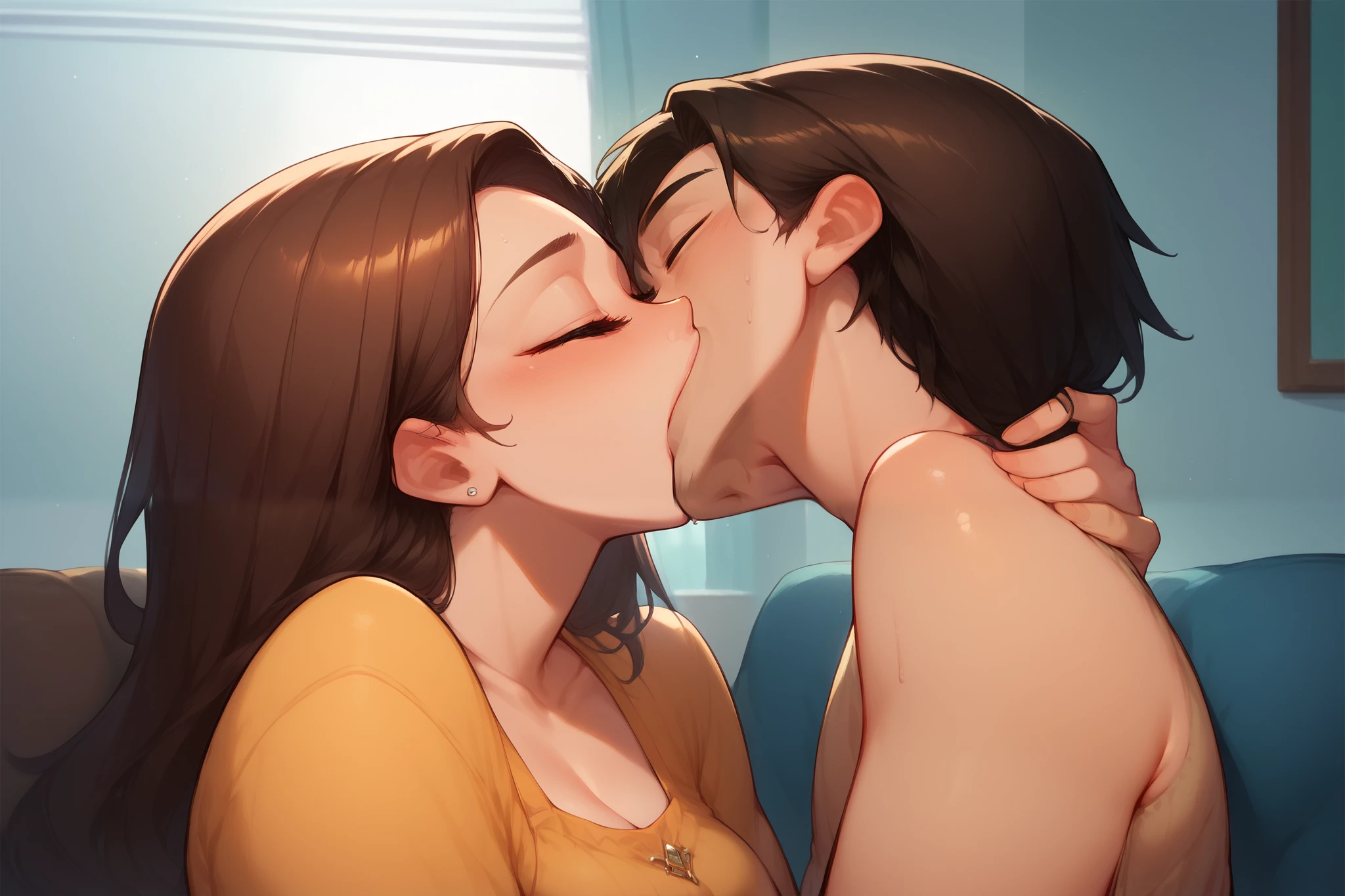 Sexy MILF with long wavy brown hair wearing a black lacy sundress and a brown miniskirt kissing and making out passionately with a young boy on the couch, intimate, green color grading