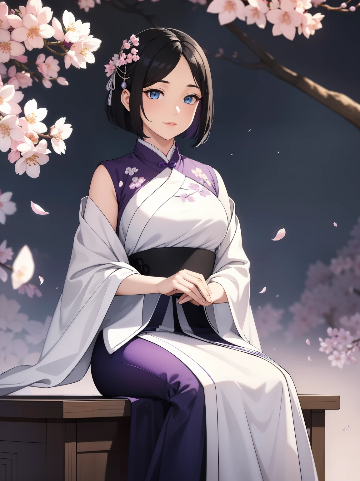 (high-quality, breathtaking),(expressive eyes, perfect face) 1female, girl , solo, ager, asian woman hairstyle, short hair length, soft wave, black hair color, Heterochromia left eye blue and right eye purple, white and black dress, shawl, blue and purple background, music, gentle smile, swirls in background, music notes background, beautiful background, symmetrical eyes, Qing Dynasty Costumes, hairpin, cherry blossom background, full body, portrait, symmetrical body, centred composition,