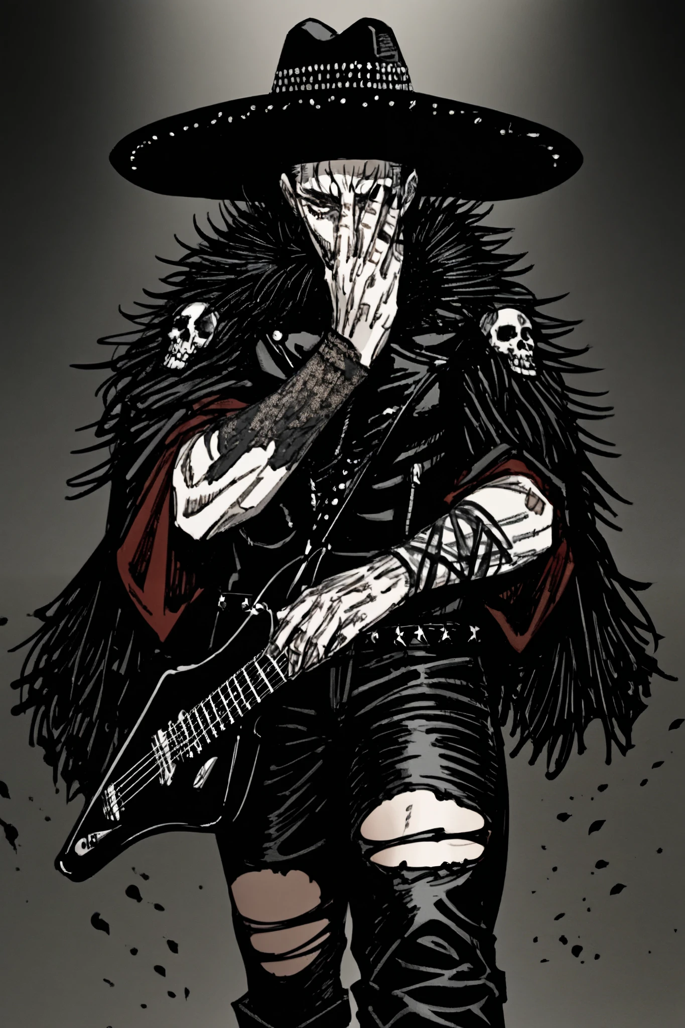 physical characteristics :
height: 1.90 m, with a slim but muscular build.
fur: pale, with a slight ash tone.
eyes: Black with shiny golden pupils, that reflect like mirrors.
hair: long, Curly and black, always covering part of his face.
Clothing and Aesthetics:
sombrero de copa negro, with silver studs .
dark lenses, that never takes off , not even in the battle.
black leather jacket , torn at the sleeves.
tight denim pants and biker boots.
Black guitar with details in red, decorated with skulls and claw marks.