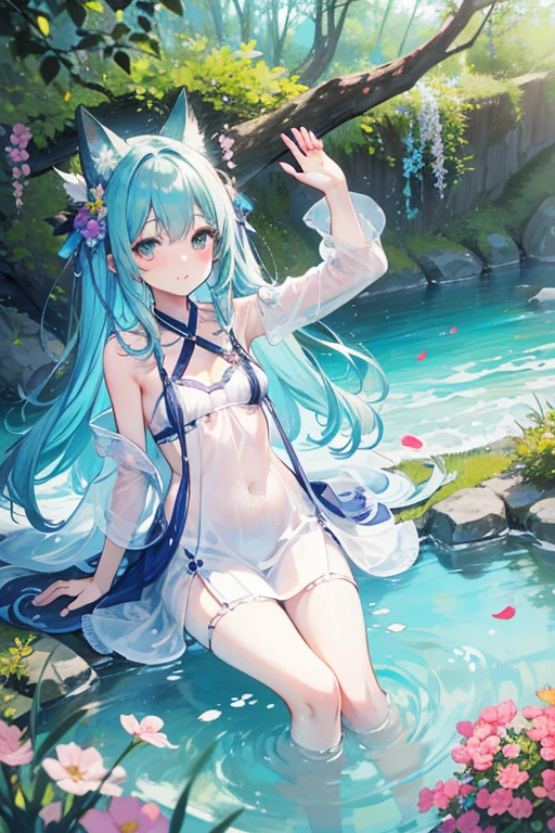 (high quality, 8k), (Soft Light), Iridescent, One nekoGirl, neko ears, fox tail,Detailed face, Beautiful Eyes, watercolor paiting, So magical and dreamy, Dreamy details, Dreamy atmosphereとドラマ, Gorgeous atmosphere, Fantastic and beautiful lighting, Dreamy atmosphere, Beautiful atmosphere, Dreamy Romantic, Fantastic and dreamy theme, Magical atmosphere, Beautiful atmosphere, Anime Background Art, Magical atmosphere + Tabletop, Dreamy aesthetics, Beautiful details with atmosphere, Lots of flowers, bubble, water, garden, Sit on the ground, Shining Eyes. (((Light blue hair))), (((white cat ears))), (((light blue fox tail))). Water. She hold a little cute white fox on her belly between her hands. She is walking over the water like a Nymph, bare feet, lingerie