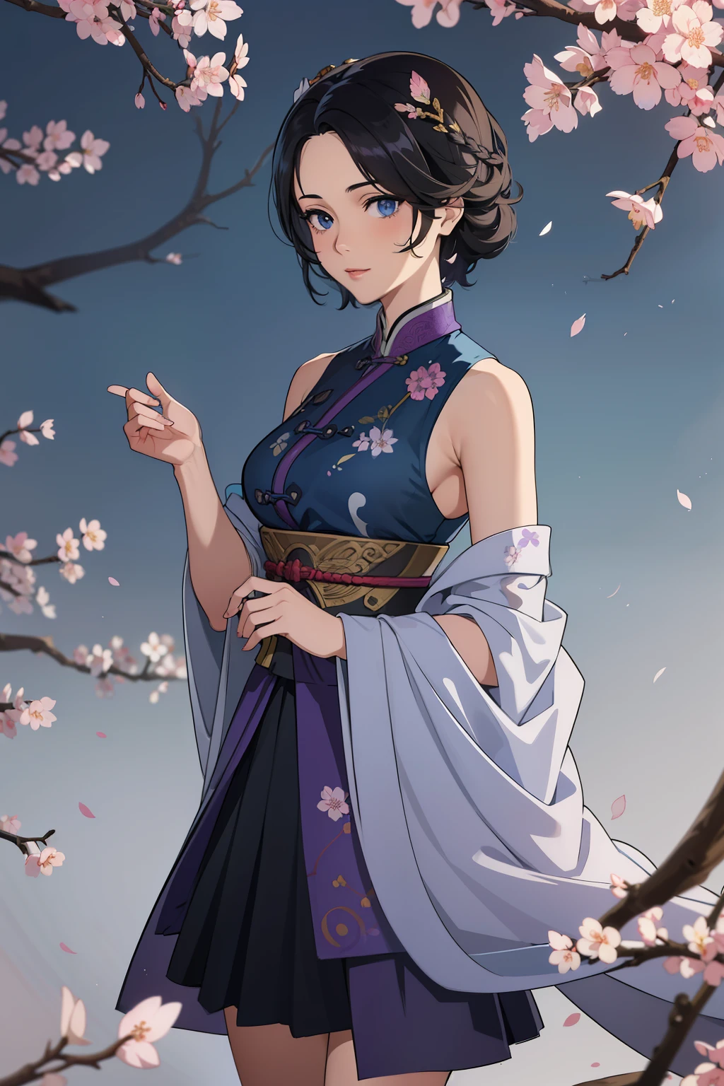 (high-quality, breathtaking),(expressive eyes, perfect face) 1female, girl , solo, ager, asian woman hairstyle, short hair length, soft wave, black hair color, Heterochromia left eye blue and right eye purple, white and black dress, shawl, patterned clothes, blue and purple background, music, gentle smile, swirls in background, music notes background, beautiful background, symmetrical eyes, Qing Dynasty Costumes, hairpin, cherry blossom background, gundam art style