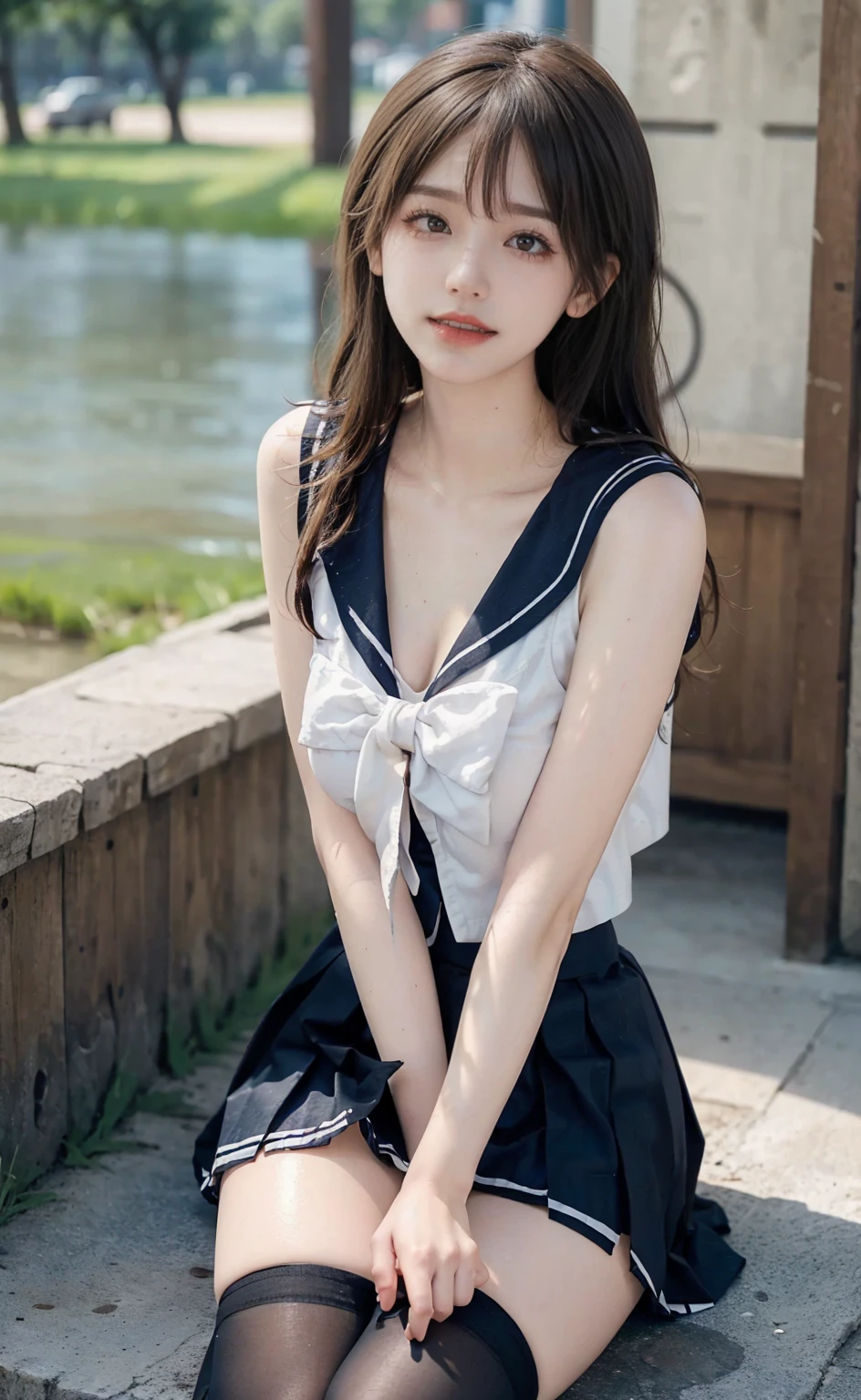 Highest quality, Very detailed, High resolution, 8k wallpaper, Perfect dynamic composition,、Captive women、His arms and chest are tied to a chair with thin rope.、(((Both hands are tied behind the back with rope)))、(((Wearing a sailor suit、Wear a pleated skirt)))、Well-balanced、Small face、Small breasts、From the side、Cute face、Realistic Skin、Realistic Face