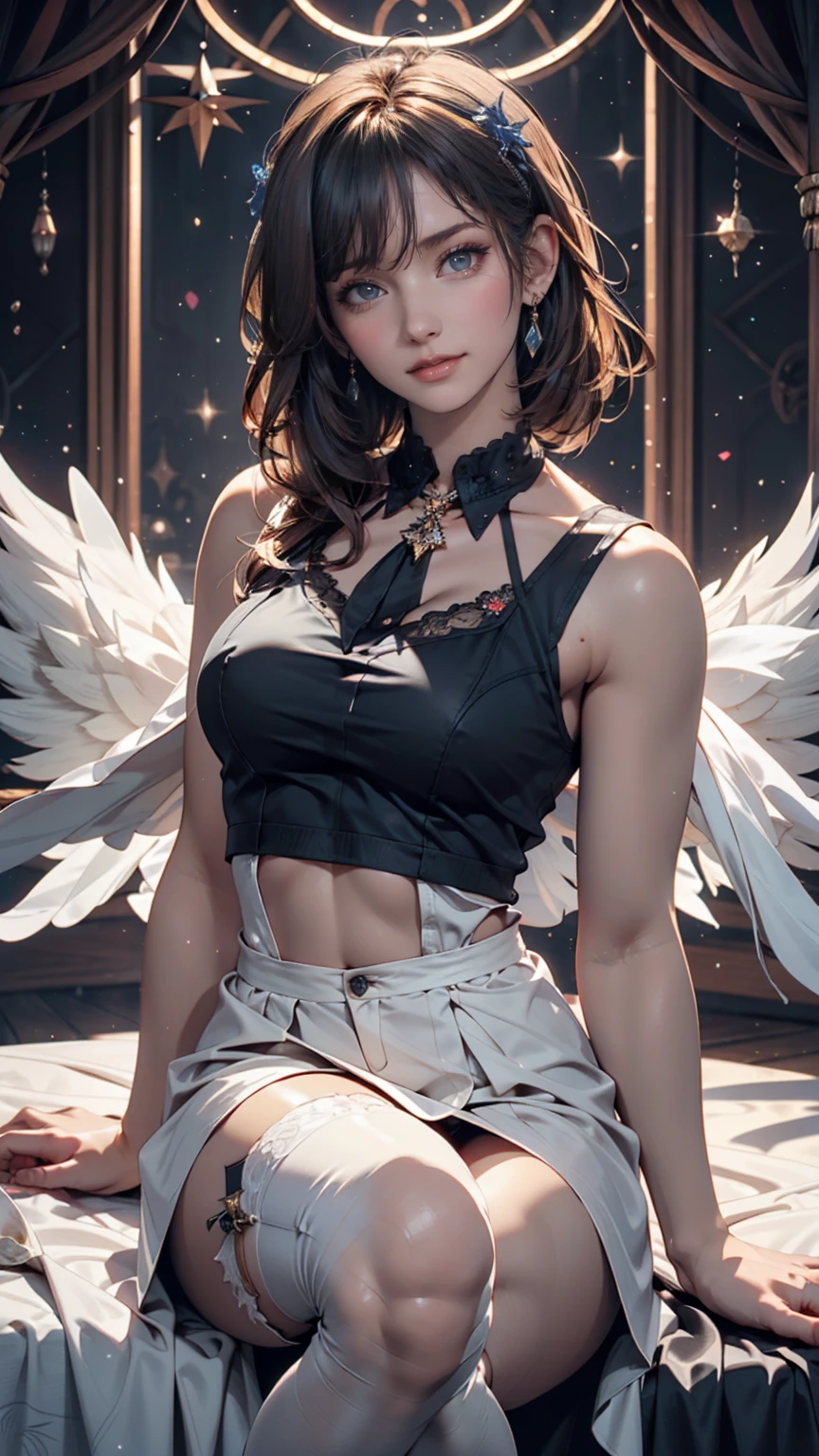 change, Leprechaun, Gray Hair: length, blue eyes, Small breasts, Best, garter, hair accessory, Captivating smile, sight, Tilt your head, Behind the arm, (slim), (Thin legs: Leg spread), Attention to detail, Highest quality, masterpiece, Detailed ice, Cumulonimbus, Beautiful details shine, ice crystal texture wings、Silver accessories on the wrist