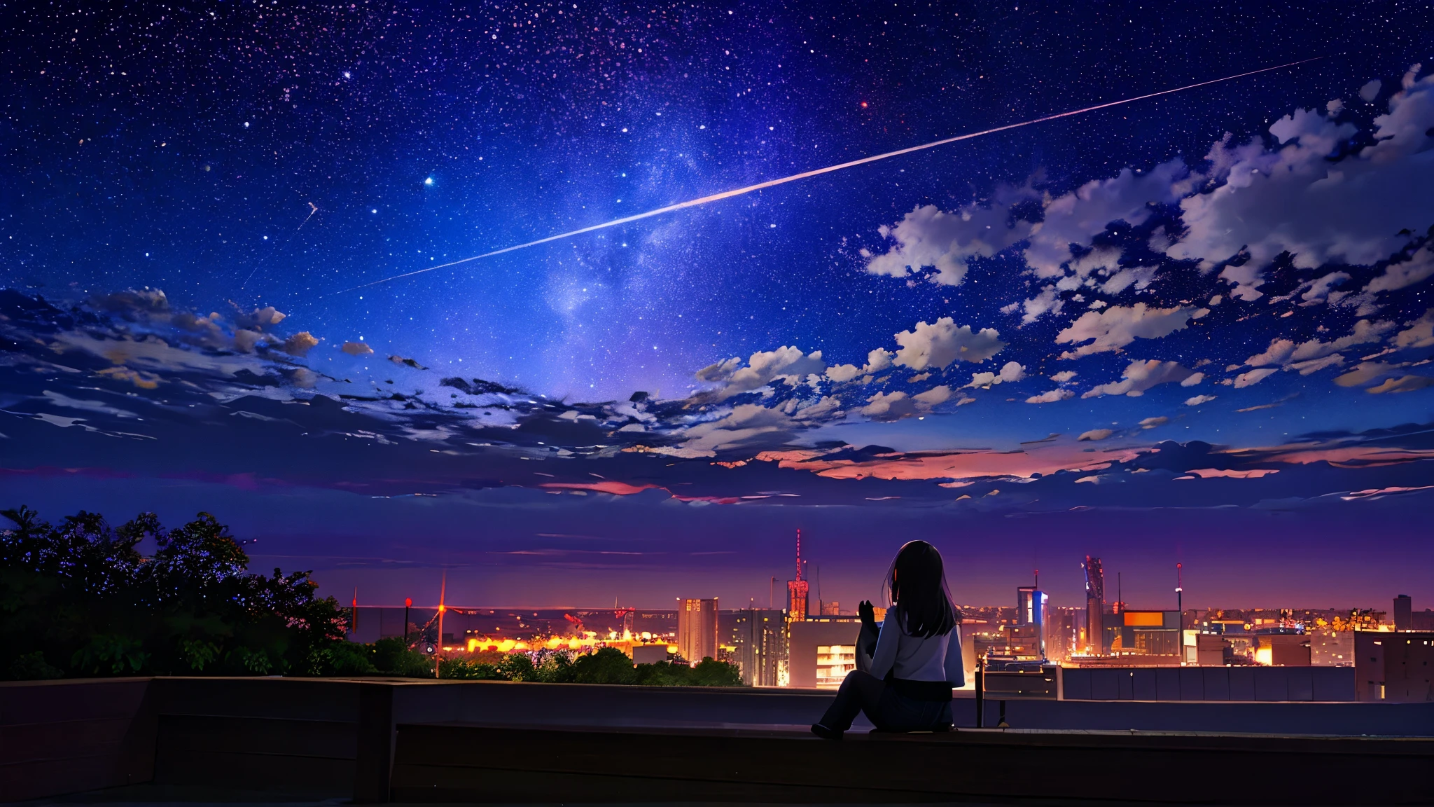 超HD, HD, high quality ,壮観なscenery,octans, null, star (null), scenery, starry null, night , 1 girl, night null, Alone, outdoor, building, cloud, The Milky Way that covers the whole sky, sitting, tree, long hair, city, silhouette , cityscape