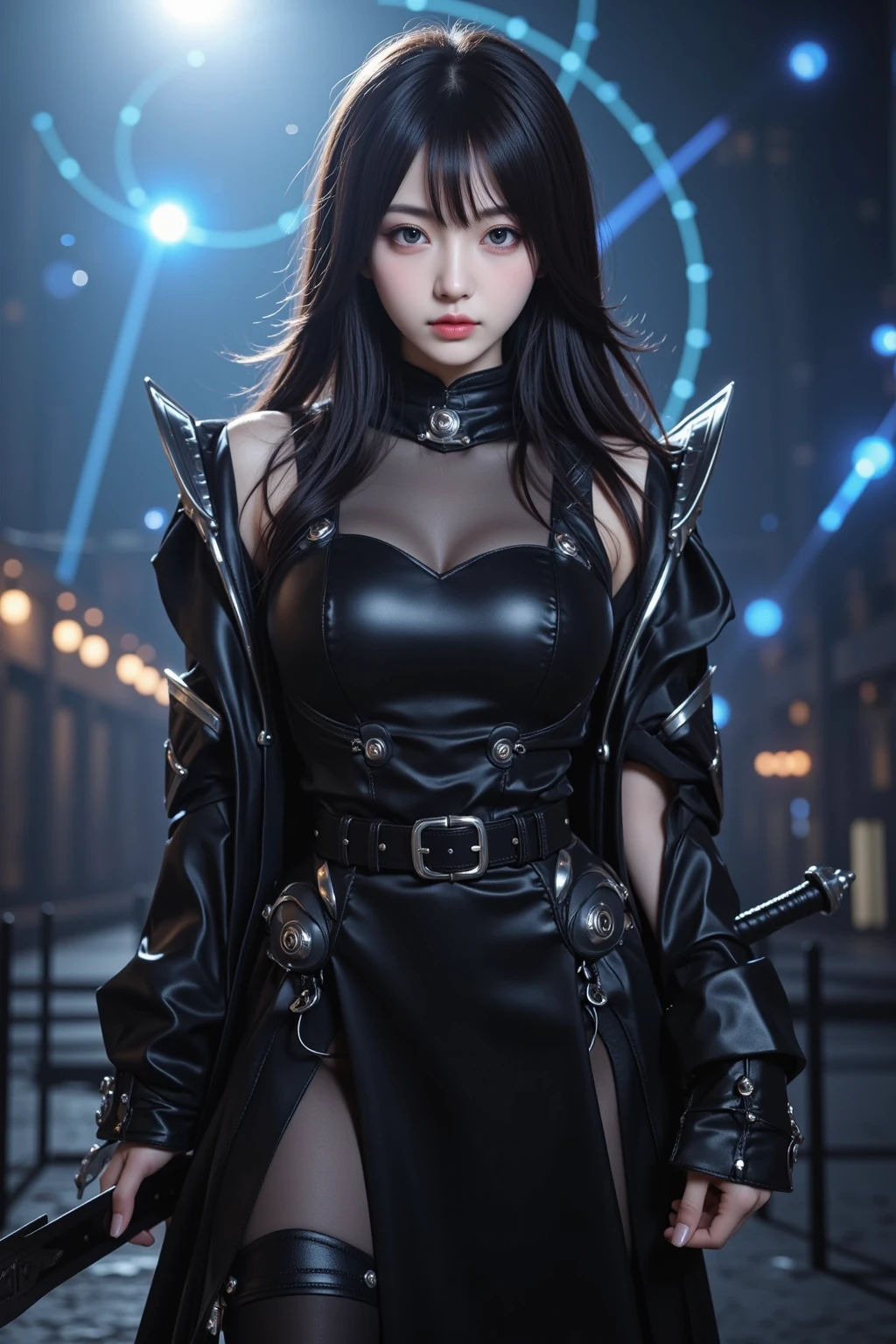 Digital Cyberpunk Art 32k,Complex,Very detailed,Long black hair、Shiny、Wear cyberpunk white and light blue samurai armor、Japanese women、Medium chest、In front of countless monitors、Holding a sword、(fighting stance)