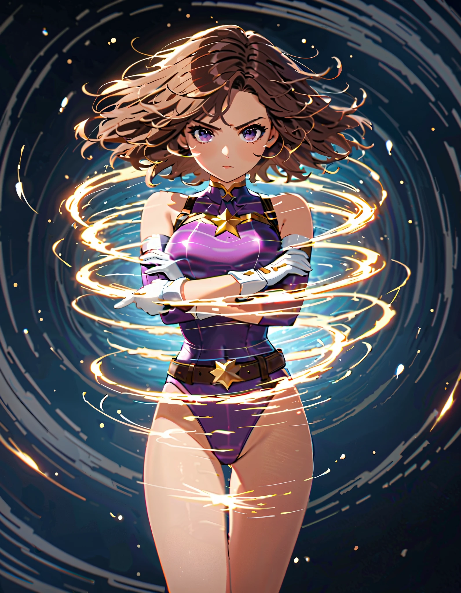 1girl,superhero,24 age,medium breasts, sleeveless highleg purple leotard with gold accents,bare legs,knee boots,bracelets,gold star on chest, hands on hip,standing straight,heroic,infused with energy, office backdrop,light particles,swirl lines