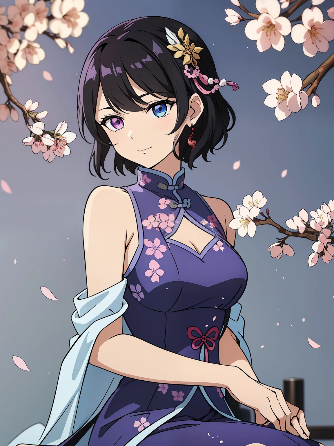(high-quality, breathtaking),(expressive eyes, perfect face) 1female, girl , solo, ager, asian woman hairstyle, short hair length, soft wave, black hair color, Heterochromia left eye blue and right eye purple, white and black dress, shawl, blue and purple background, music, gentle smile, swirls in background, music notes background, beautiful background, symmetrical eyes, Qing Dynasty Costumes, hairpin, cherry blossom background, gundam art style
