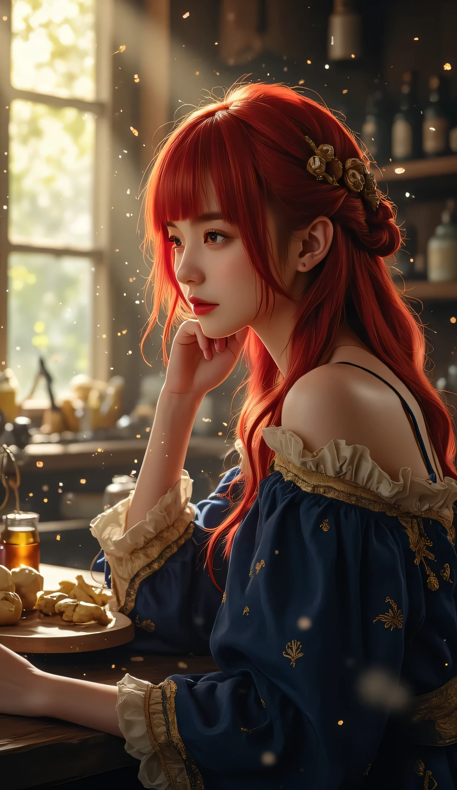 Masterpiece, Best Quality, Top Quality, Very Detailed, Medieval fantasy woman with golden eyes, vibrant red hair in a loose braid, and a deep blue and gold-trimmed dress. She sits in a warmly lit tavern, leaning on the wooden table, lost in thought. Sunlight streams through the window, highlighting dust particles in the air. Realistic anime style with intricate details.