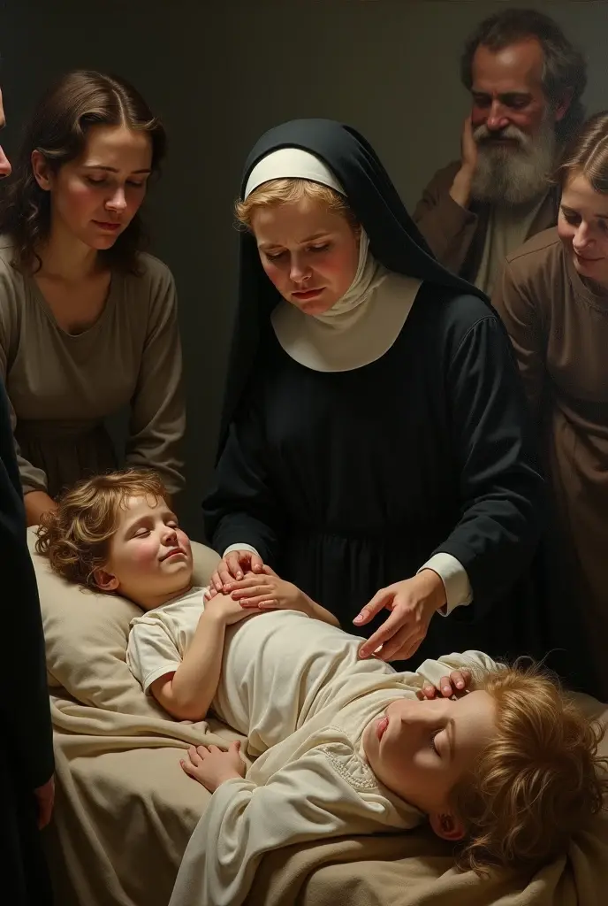 creates a sister of charity called Saint Elizabeth Anne Seton to cry for the death of her children and that she is next to her 14-year-old children and her children in a bed dead crying inconsolably and that she is the image as in that time the portraits were painted, but with more people around