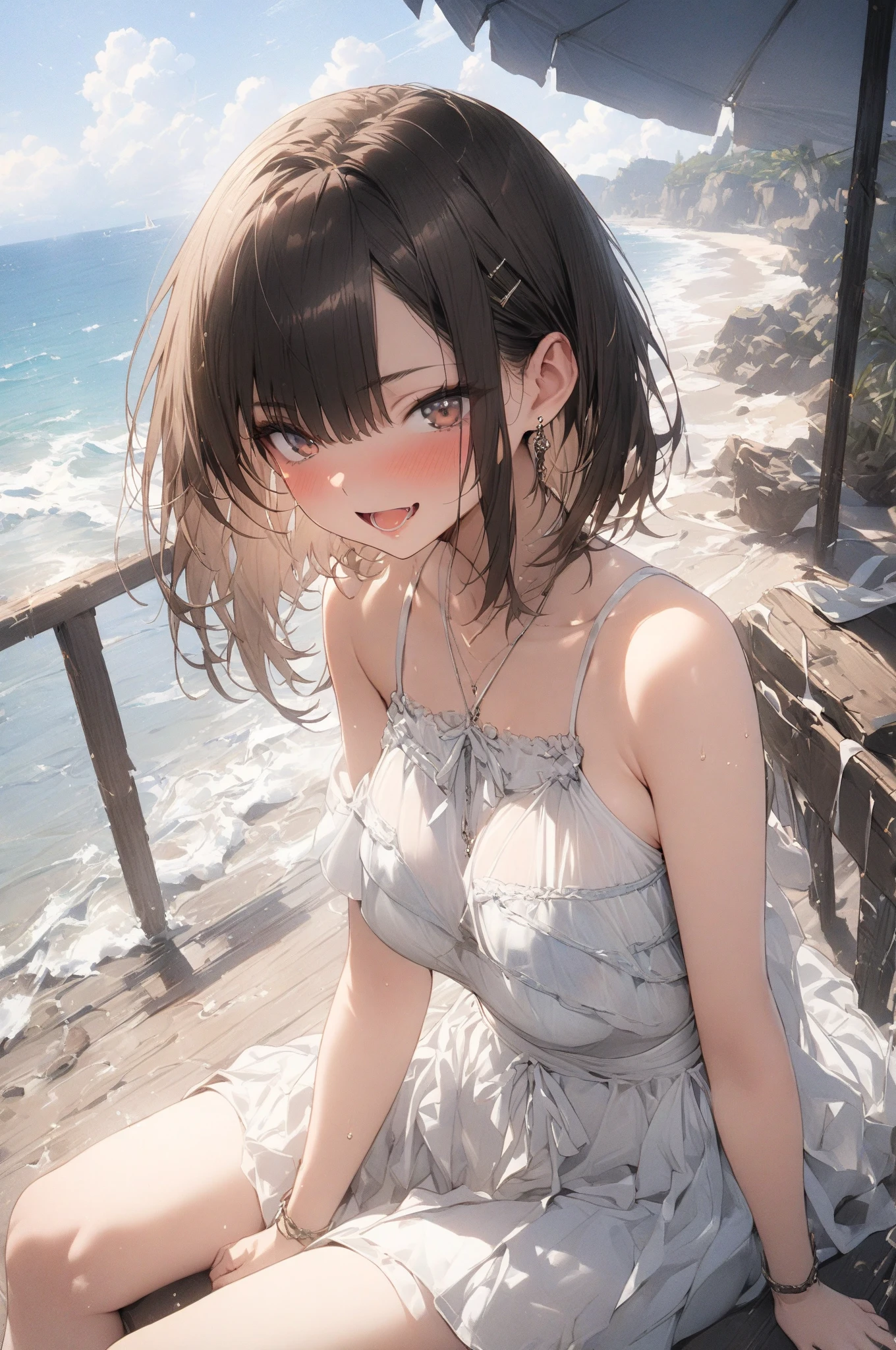 ((Masterpiece)), ((best quality)), (Anime:1.3), (super detail:1.2), (High Definition:1.3), (Professional Photography:1.4), (sharp focus), (perfect light),((12 years old)), 8K, Glossy skin, cinematic lighting, 1girl, (Knit fabric tanktop), (Cute innocent teenage girl), slendar body, small breast, glossy medium hair, (loose blunt bangs), ((bags under the eyes)), open mouth wide, fang out, (smug), beautiful collarbones, (slightly exposed shoulders), (put on cat ears), pale brown hair, Hair that flutters in the wind, BREAK, ((best quality)), (super detail:1.2), (Sitting on Dubrovnik townscape in Croatia), summerday, (very aesthetic:1.2), (absurdres:1.3),