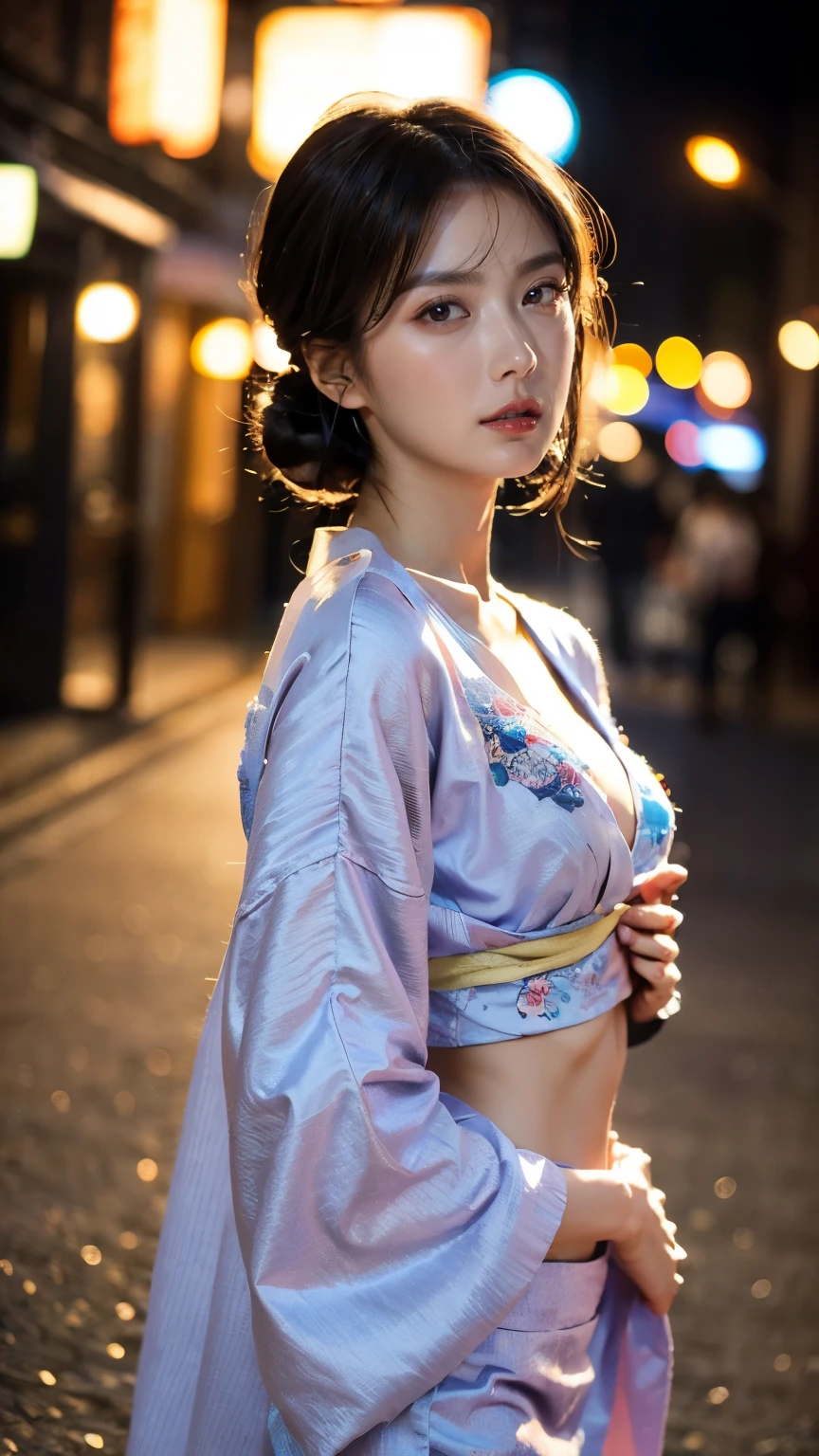 Slim and beautiful 35 year old woman , (Eye Size: 0.6)、( pupil size : 0.6)、( her face size :0.2)、 Picture a woman's head size is very small , backlit or semi-backlit photo 、TOP QUALITY、HD quality、 TOP QUALITY Masterpiece , Ultra High Precision,( beautiful girl:1.0) , x} She is wearing a peony pattern kimono on a white background 。、( her torso length :1.8)、 backlit or semi-backlit photo 、 Catwalking on the road on Kaigan Street at night。 full body photo、 she's skinny 。、 Her hair is light brown and medium bob in chignon style .,, High waist、