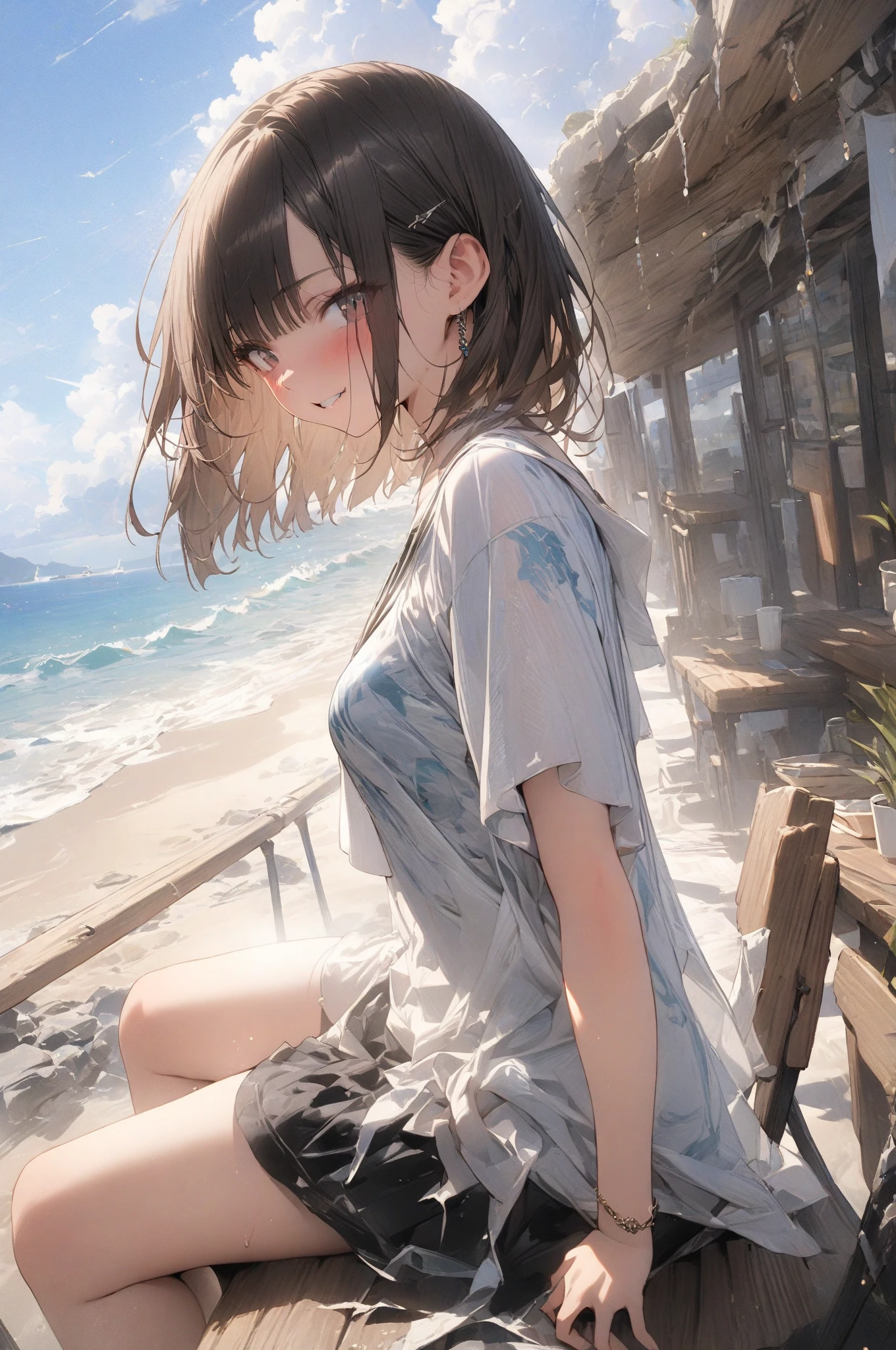 (official art、highest quality、Unity 8K 壁紙、32K、masterpiece、Super detailed、超A high resolution、realistic、Photoreal:1.2)、(natural soft light:1.2)、fire glow effect、film grain、best shadow、rim lighting、side light、side shot、(Highly detailed and complex 3D rendering)、詳細なbeautiful faceと目、sharp pupils、Real students、whole body, sandy beach、beautiful face、blurred background、18 year old beautiful girl、shiny skin、Beautiful wet black hair、I pulled up my wet shirt、Wet pink checked miniskirt、(thighs thighs:0.9)、barefoot、curve、dynamic pose、smile with open mouth、(beautiful breasts:0.9)、I can see white pants、(transparent nipples)、((On the beach on Oahu in midsummer))、((10 years old))