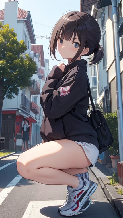 (uncensored), score_9, score_8_up, score_7_up,source_anime, high quality, exceptional, best quality, perfect hand, 1 girl, (embarrassing face), (glare:1.2), (child:1.4), (:1.4), short stature, beautiful long hair, detailed eyes, cute face, (blushed:1.4), half-closed eyes, (bottomless), (no skirt), white socks, (((shirt lift up and show off pink nipple))), (looking at viewer), (expose anus and line pussy), ((her right arm up, piece sign:1.2)),flat chest, ((squatting on street)), (anime screencap, anime coloring, megami magazine,yumekawaii:1.1), (front view), naked_randoseru, red backpack, Eyes,