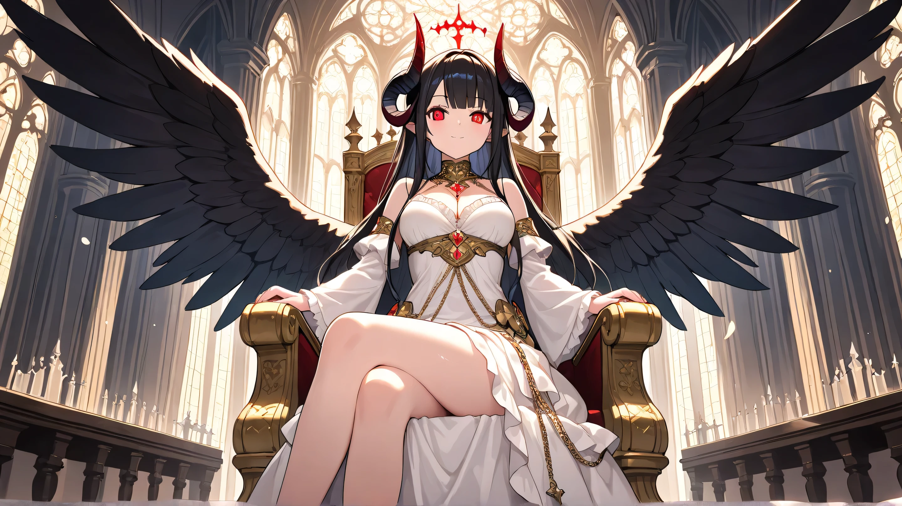 Masterpiece, Best Quality, Top Quality, Very Detailed, Dark fantasy demoness with curved horns, glowing golden eyes, and flowing black hair. She wears a regal white and gold gown adorned with chains and jewels. Her black feathered wings spread wide as she sits on a throne in a dimly lit gothic cathedral, surrounded by shadowy undead warriors with glowing red eyes. Dramatic lighting and a sinister yet elegant atmosphere.