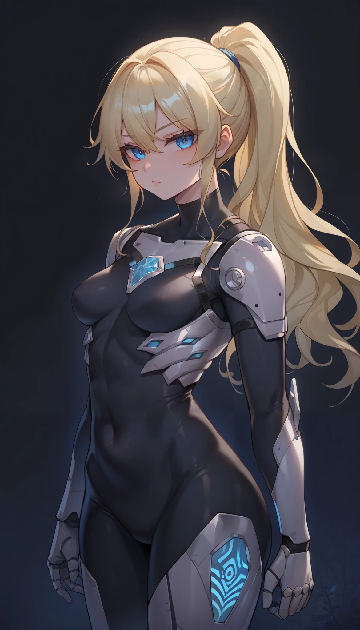 score_9, score_8_up, score_7_up, source_anime, masterpiece, best quality, solo, seductive pose, sexy pose, dark background, lowlight, 1girl, slim, lean and toned body, fair skin, long wavy blonde hair, ponytail, icy-blue eyes, faint scar traces her left eyebrow, Black Plug suit, skin tight bodysuit, gray lines trace along the seams, cybernetically enhanced spine, Standing, subtle armor on chest and spine, Looking backwards, Face turned to gaze, looking at viewer, outdoors, masterpiece, top quality, very beautiful, absurd