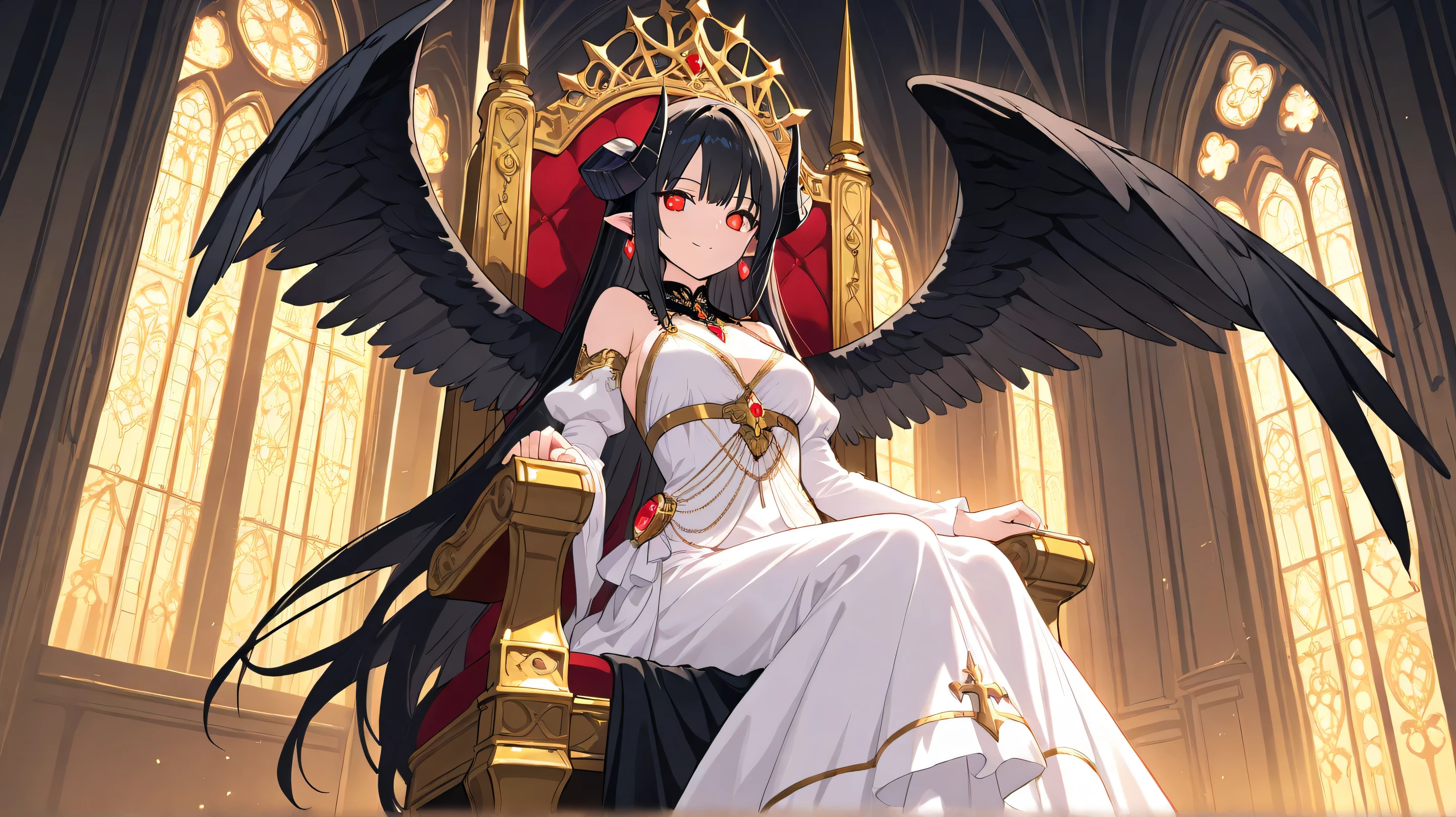 Masterpiece, Best Quality, Top Quality, Very Detailed, Dark fantasy demoness with curved horns, glowing golden eyes, and flowing black hair. She wears a regal white and gold gown adorned with chains and jewels. Her black feathered wings spread wide as she sits on a throne in a dimly lit gothic cathedral, surrounded by shadowy undead warriors with glowing red eyes. Dramatic lighting and a sinister yet elegant atmosphere.