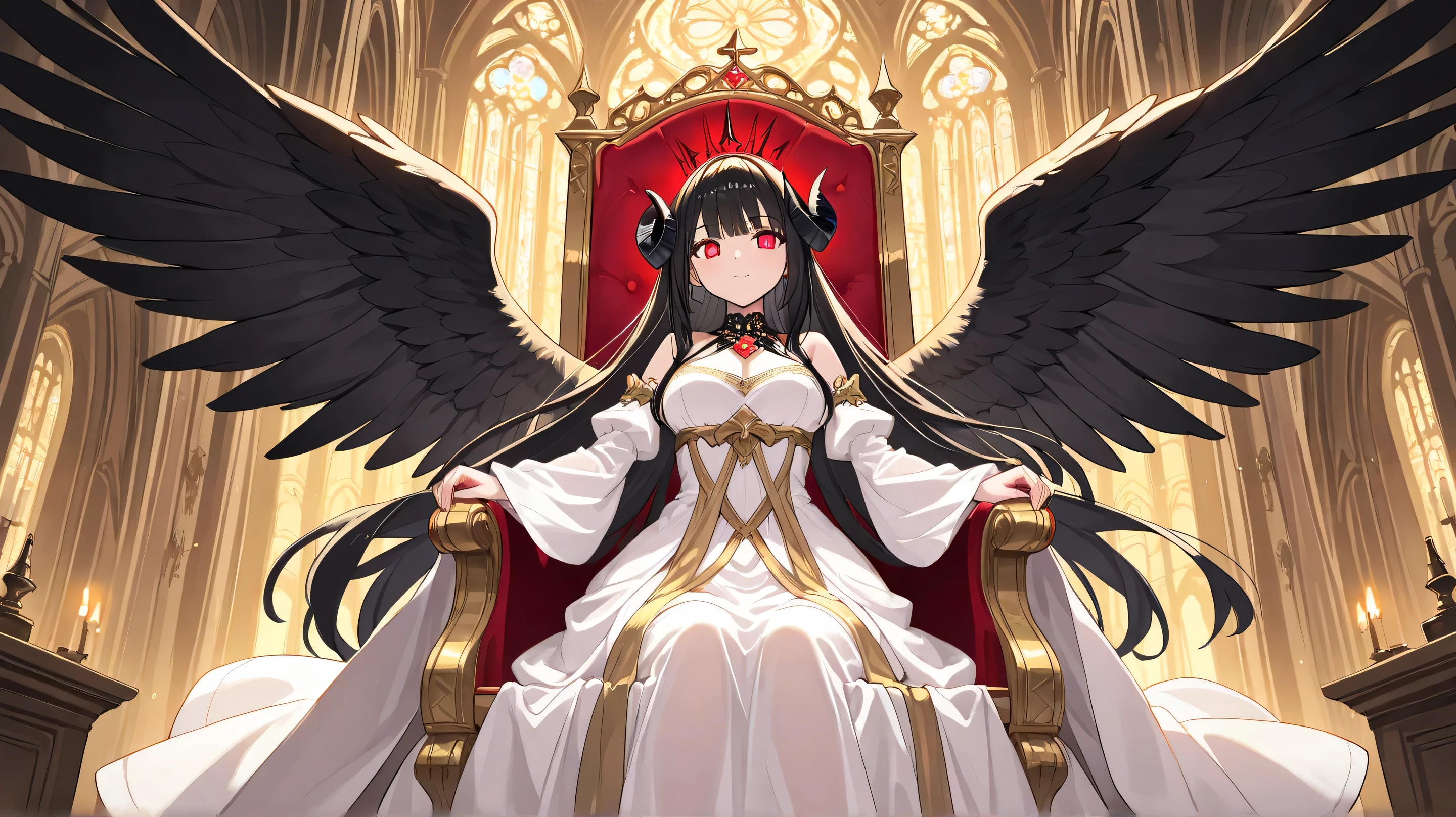 Masterpiece, Best Quality, Top Quality, Very Detailed, Dark fantasy demoness with curved horns, glowing golden eyes, and flowing black hair. She wears a regal white and gold gown adorned with chains and jewels. Her black feathered wings spread wide as she sits on a throne in a dimly lit gothic cathedral, surrounded by shadowy undead warriors with glowing red eyes. Dramatic lighting and a sinister yet elegant atmosphere.