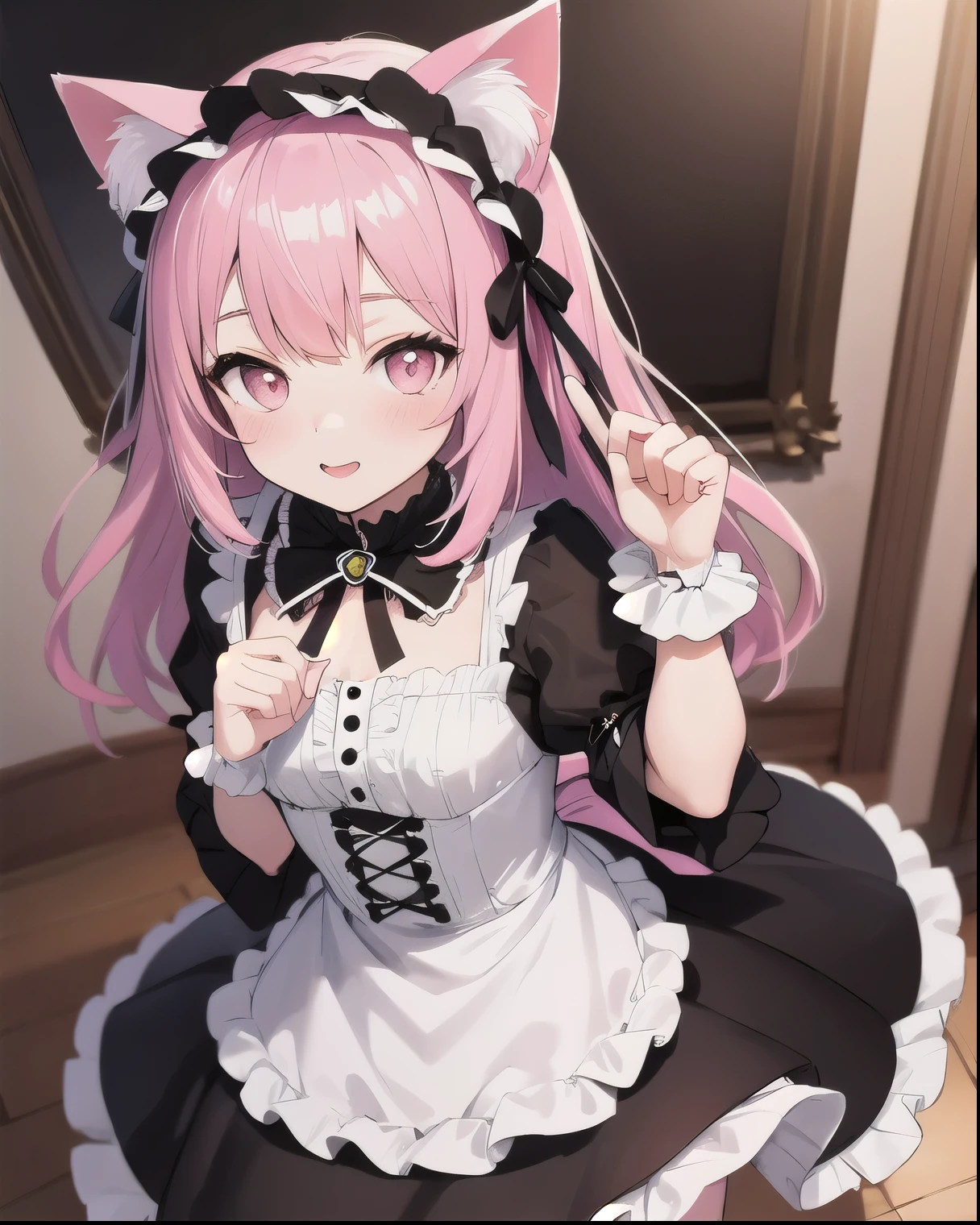 Top quality, high quality, beautiful quality with attention to detail, one girl, cute pale black dress with frills, partly pink dress, gothic lolita, cute design based on black and pink, cat ears, five fingers on hand, precise drawing of fingers, Western-style room,