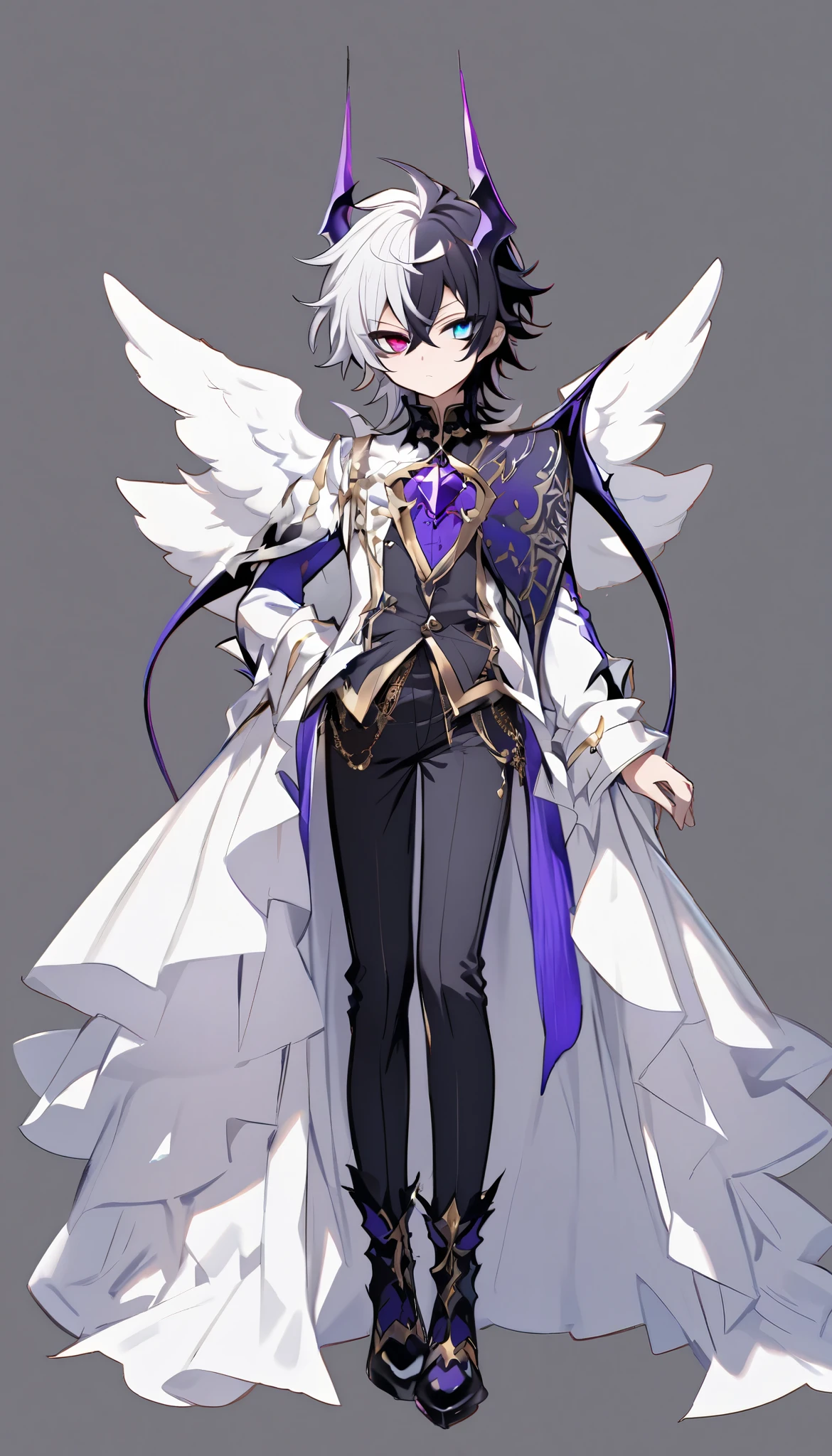 (((Highest Quality))), (Simple background), single, standing, 1boy, young boy, prince, white hair and black hair, heterochromia, angel demon hybrid