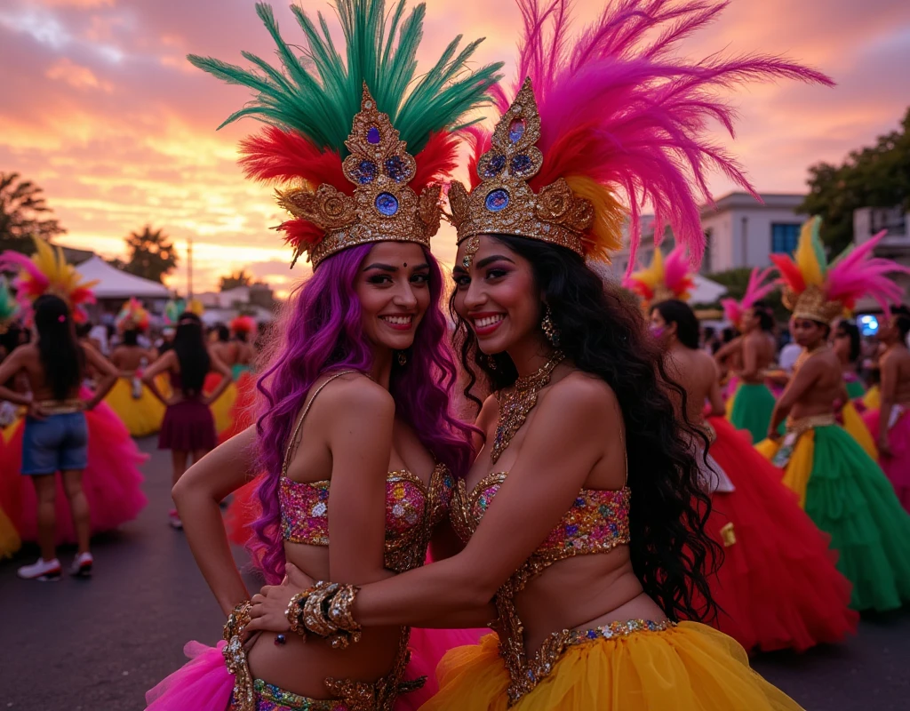 Create a vibrant and colorful image for the cover of the single "Ritmo de la Noche" by the Latin singer Valentina. The image should feature Valentina in a festive and tropical setting, reflecting the energy and passion of her music.
Setting: A beach at sunset with palm trees, hanging party lights, and a bonfire in the background. The sky should be in shades of orange, pink, and purple, creating a warm and welcoming atmosphere.
Valentina:
Appearance: A 25-year-old woman with long, wavy hair dyed a vibrant shade of red. She has a confident and radiant expression.
Outfit: Valentina is wearing a colorful and modern outfit that mixes traditional Latin elements with contemporary trends. It could be a crop top and skirt with tropical prints, or a light, flowy dress.
Accessories: Large, flashy earrings, colorful bracelets, and perhaps a flower in her hair for a tropical touch.
Position: Valentina is in the center of the image, in an animated dance pose, perhaps with one hand raised and a contagious smile.
Additional Elements:
Add musical notes and geometric patterns around Valentina to represent the fusion of Latin rhythms.
Include the title of the single "Ritmo de la Noche" in a stylized font, with warm colors like red, orange, and yellow to evoke a sense of fire and passion.
Use a vibrant color palette of red, orange, pink, and blue to capture the energy and liveliness of Latin music.
Incorporate tropical elements like exotic flowers, shells, and gentle waves to enhance the festive and tropical atmosphere.